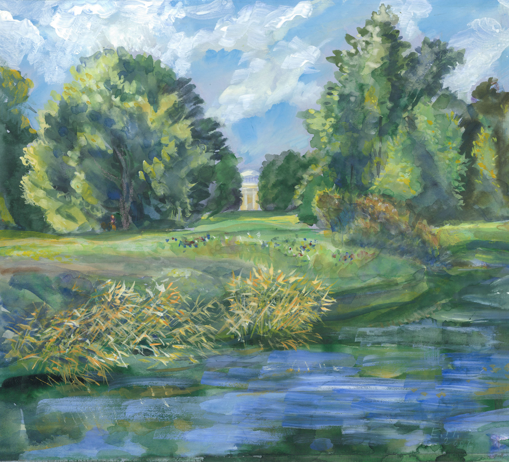 View of the Pavlovsk Palace from the Parade Ground. 2001. Paper, water color, white.