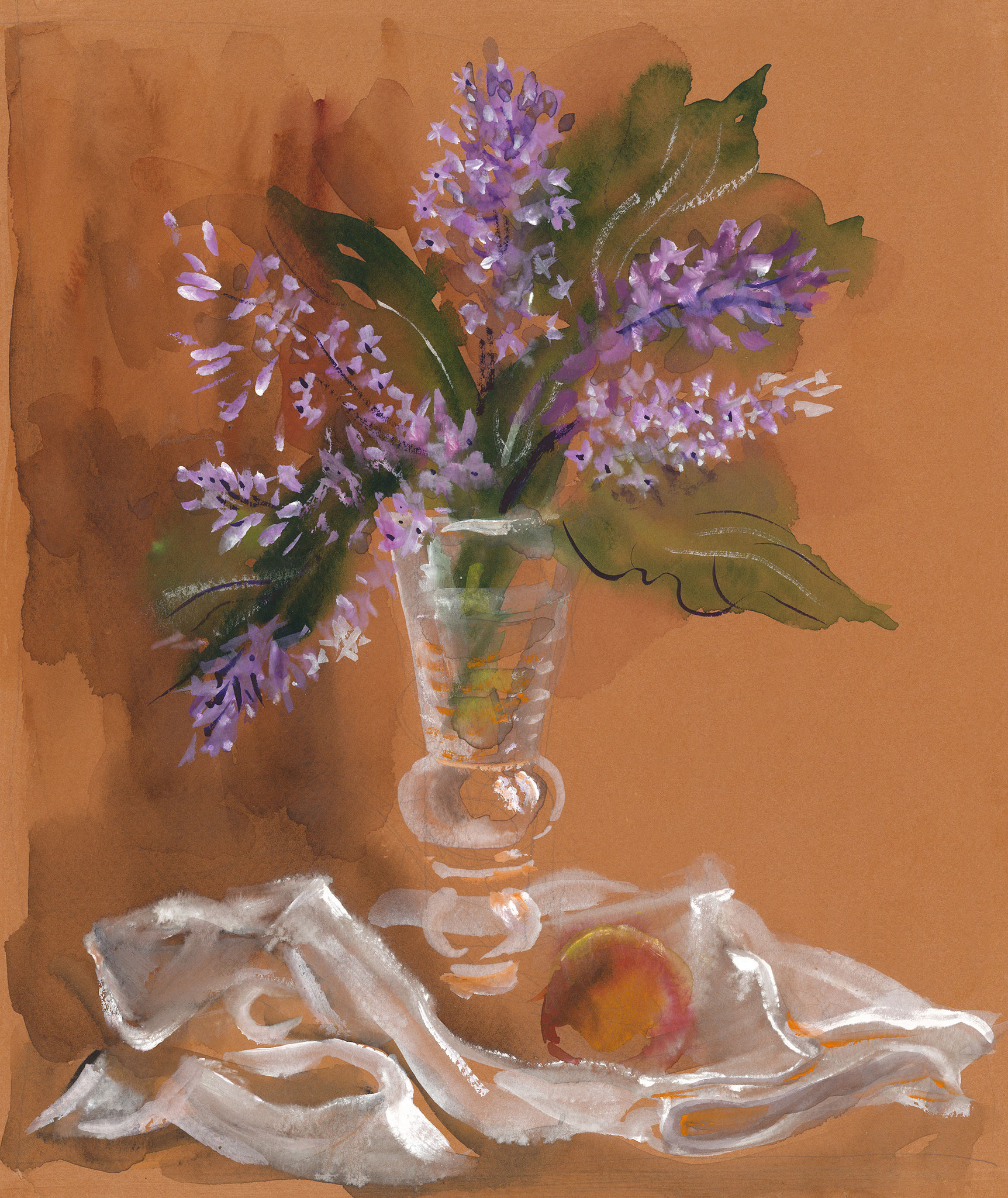 Lilac in a glass. 2017. Tinted paper, water color, white.