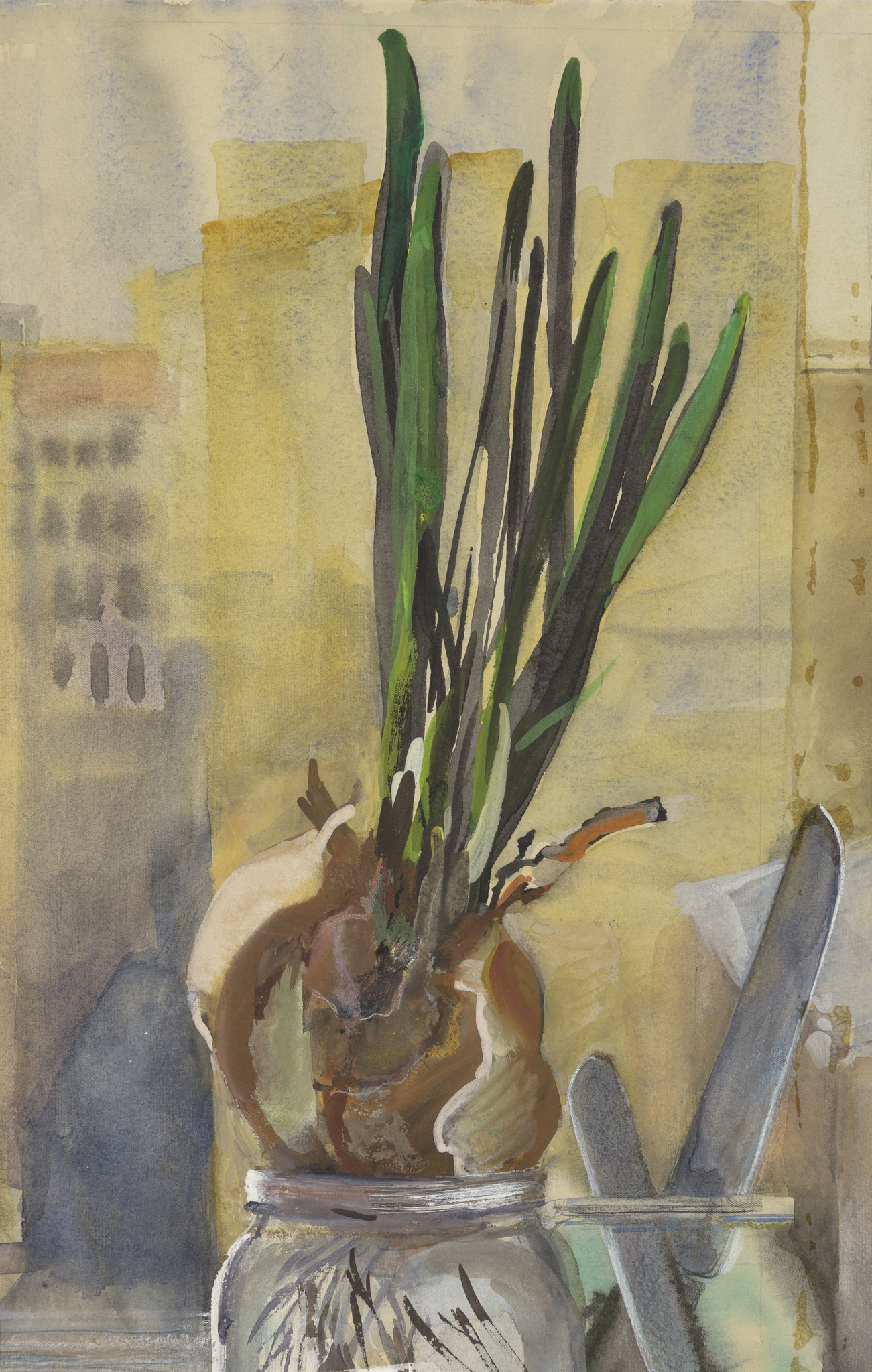 Spring on the window sill in the kitchen. 1990.  Tinted paper, water color, white.