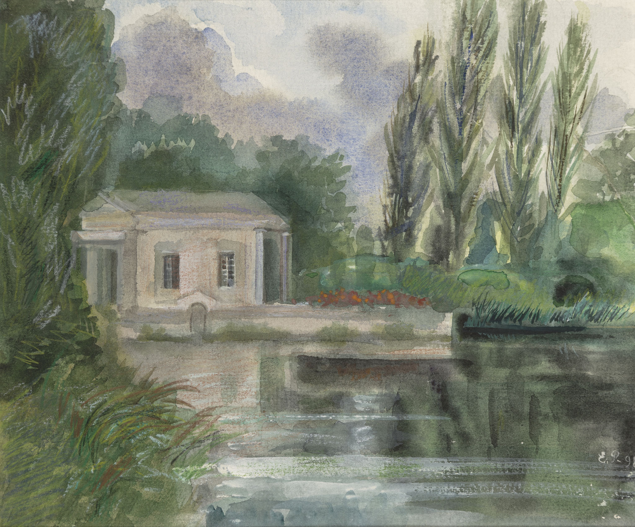 Römische Bäder bei Wind, Potsdam. 2002.  Papier, Aquarell.