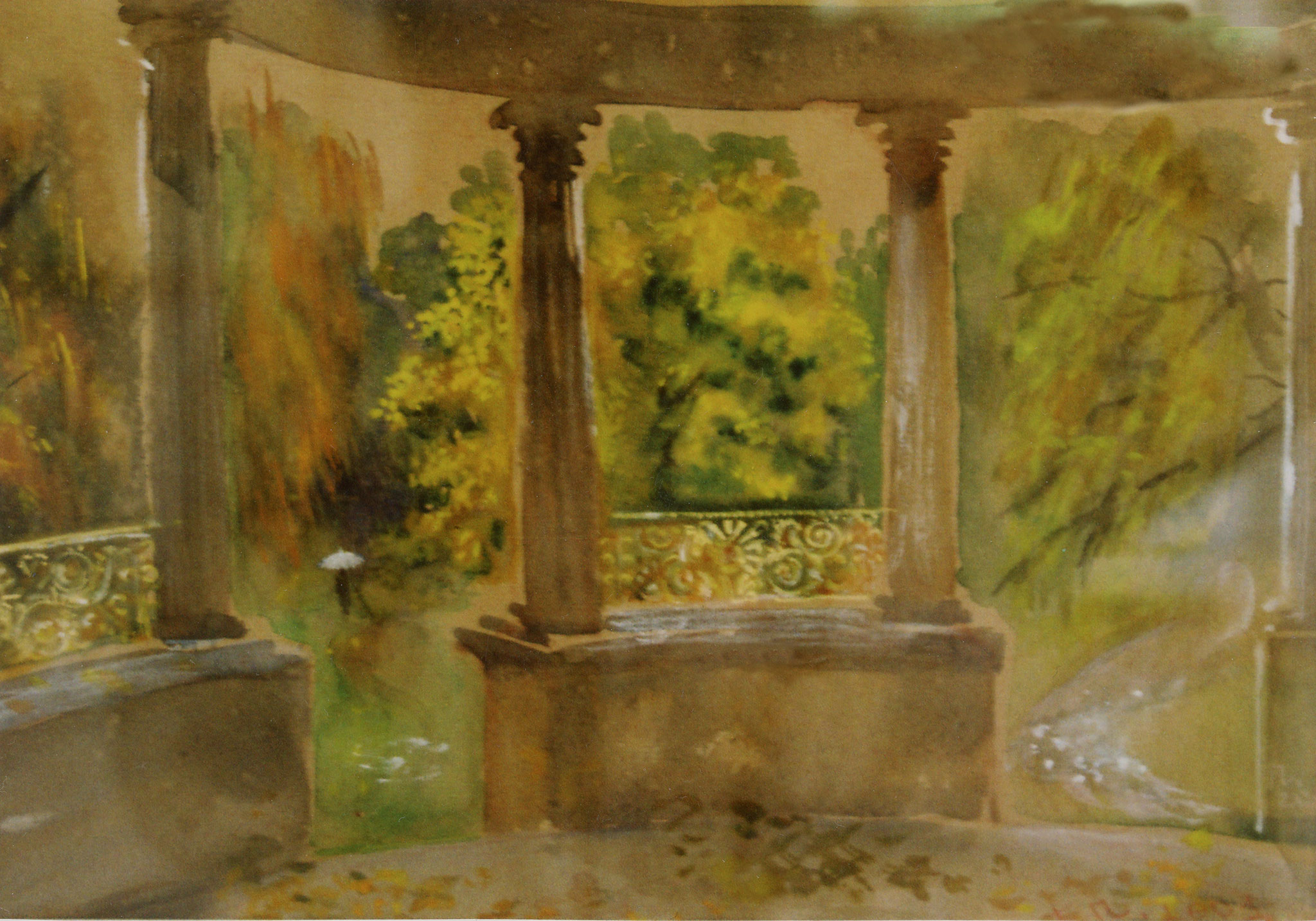 Rotunda Grosse Neugierde in Glienicke by rain. 1998. Tinted paper, water color, white.