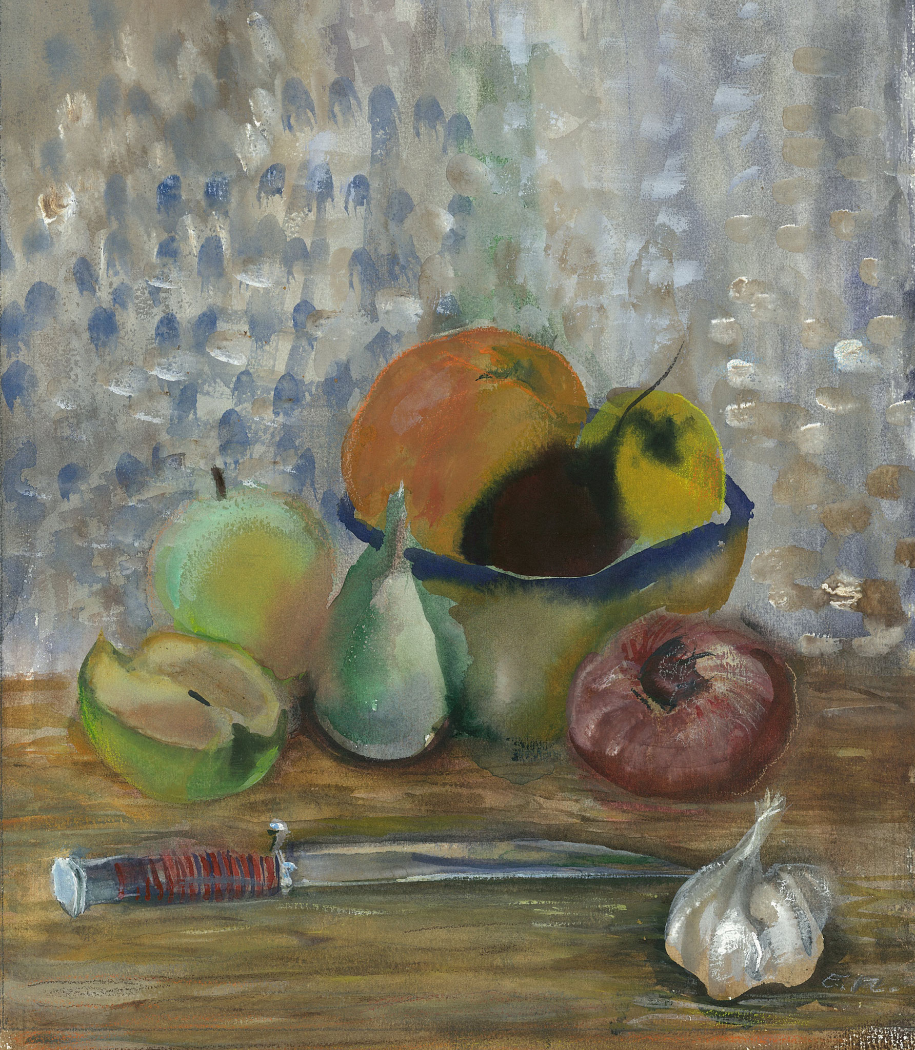 Fruits, vegetables und knife. 2002. Tinted paper, water color, white.