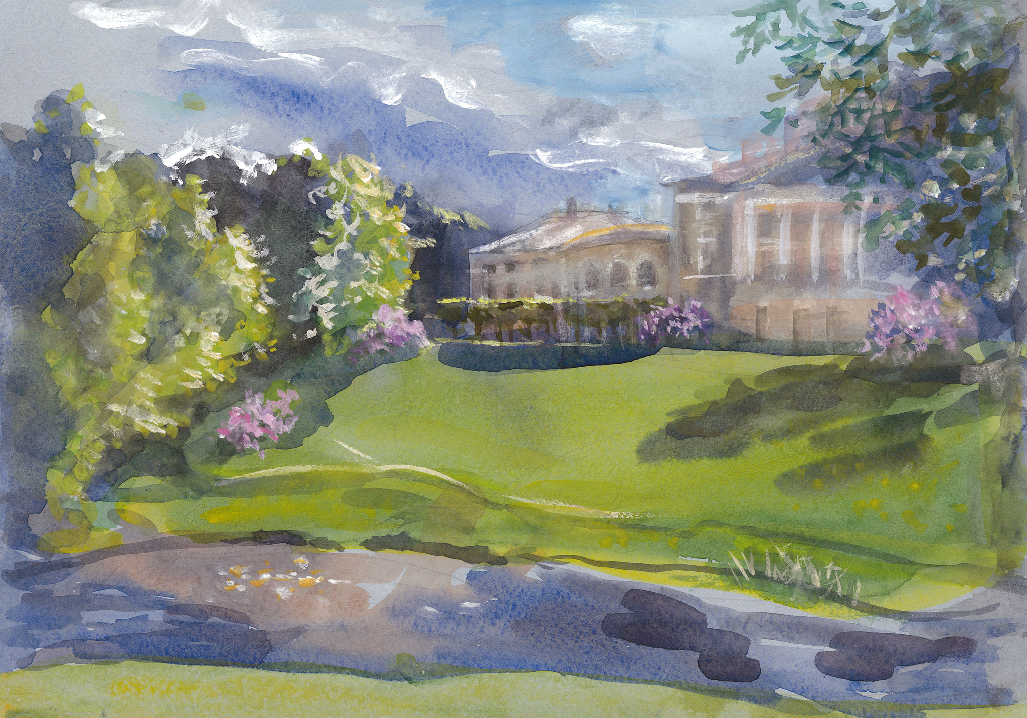 View of the Slavyanka River and Pavlovsk Palace.  2017. Paper, water color.