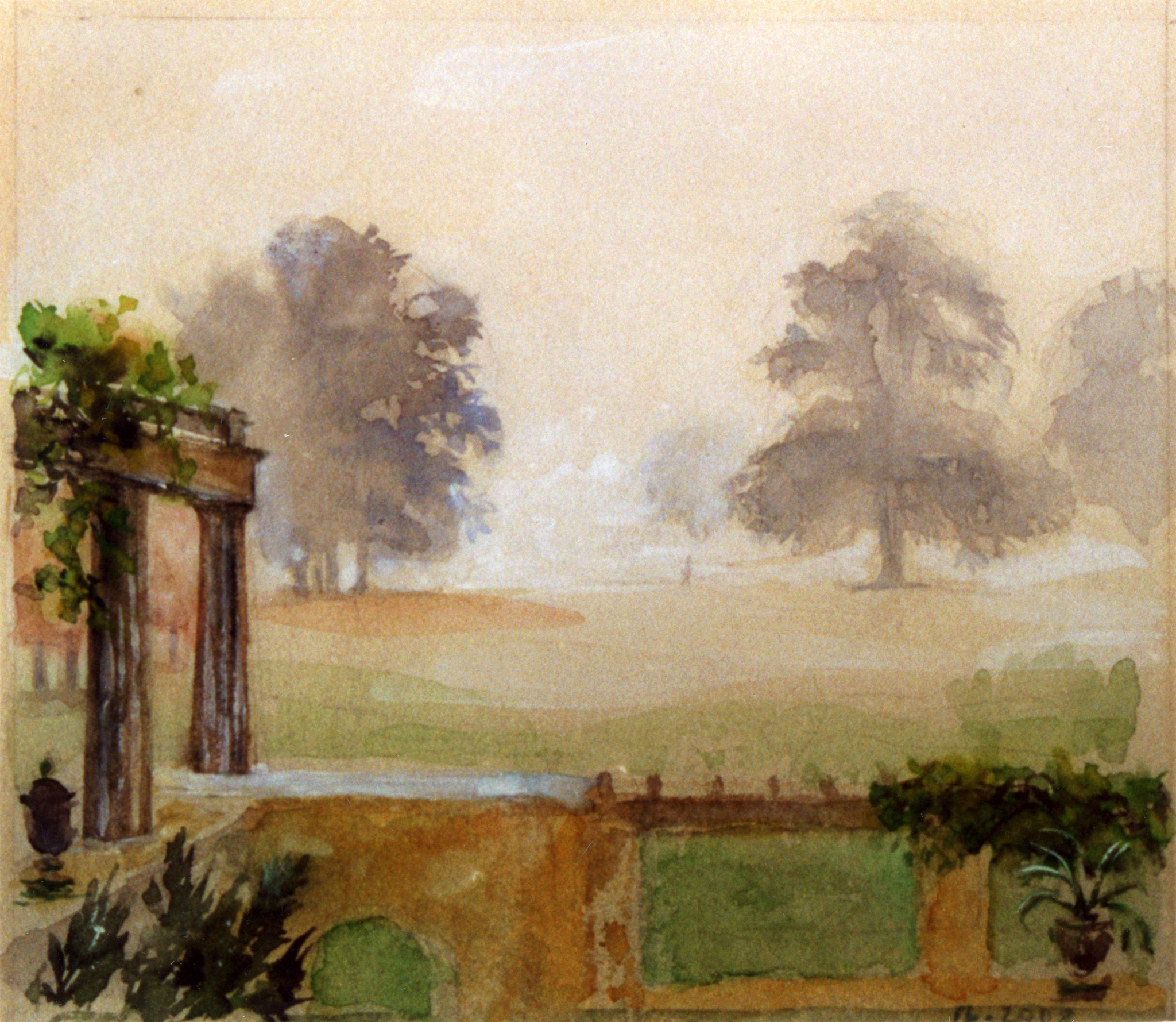 Charlottenhof im Morgennebel. 2002. Getöntes Papier, Aquarell, Deckweiß.