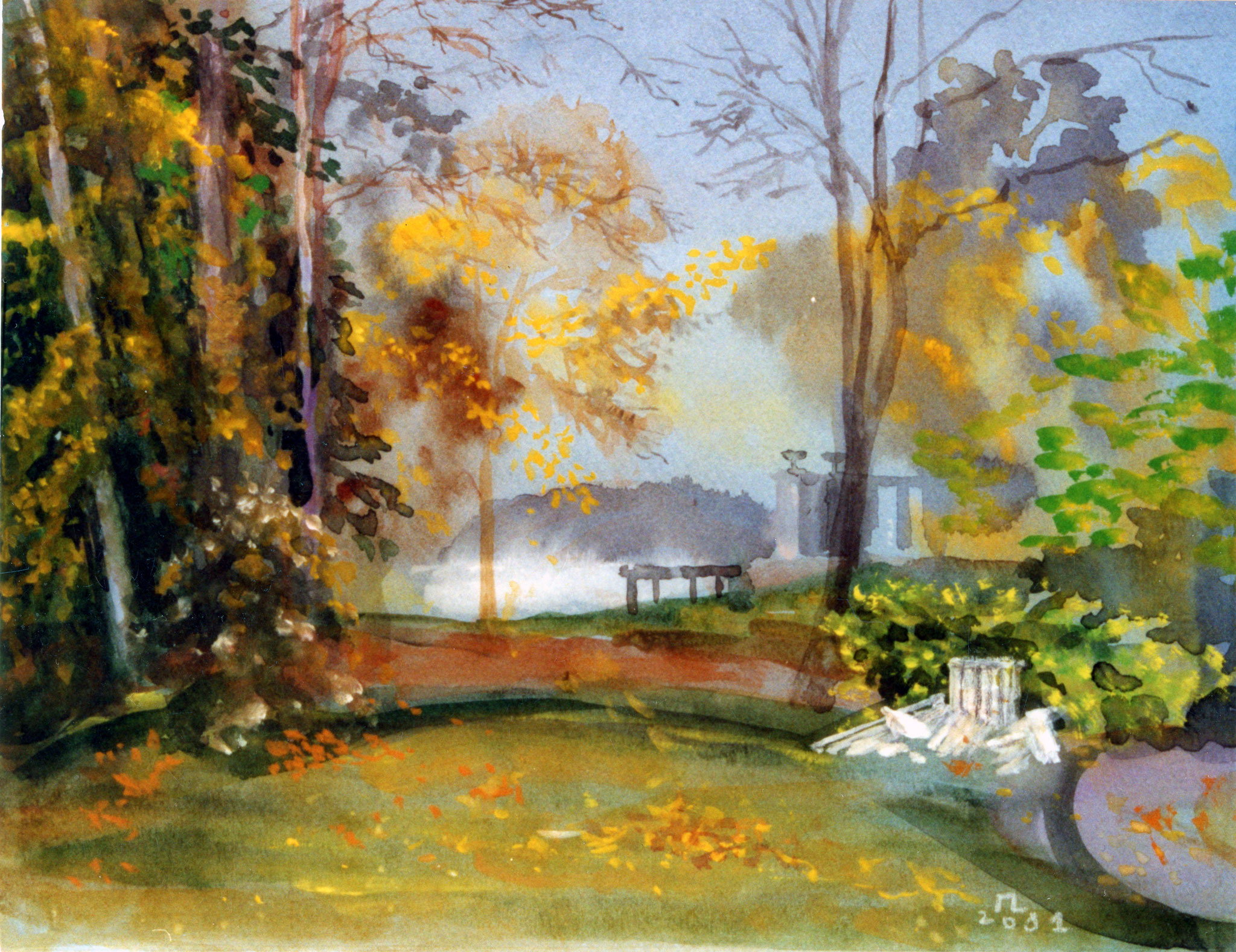 Oktober in Glienicke. 2001. Getöntes Papier, Aquarell, Deckweiß.