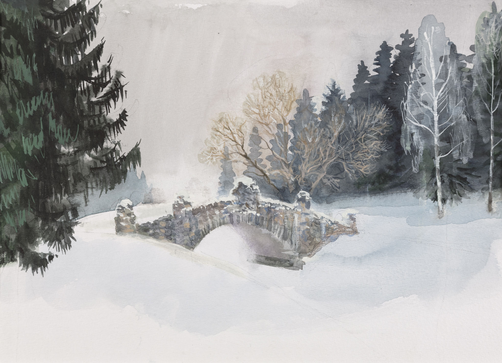 New Sylvia Bridge in Pavlovsk Park in March. 2007. Paper, water color, white.