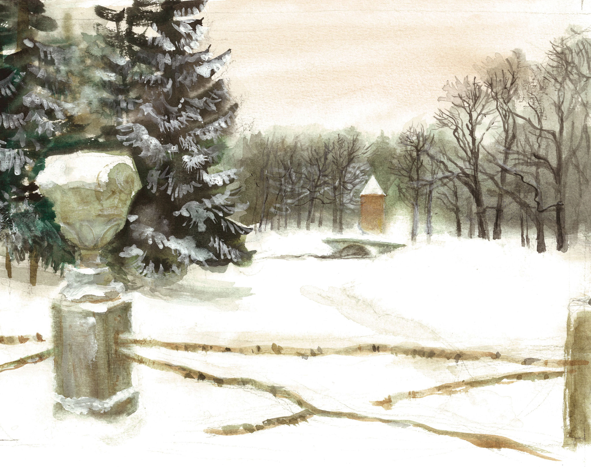 View of the Peel Tower in Pavlovsk in January. 2007.  Paper, water color.