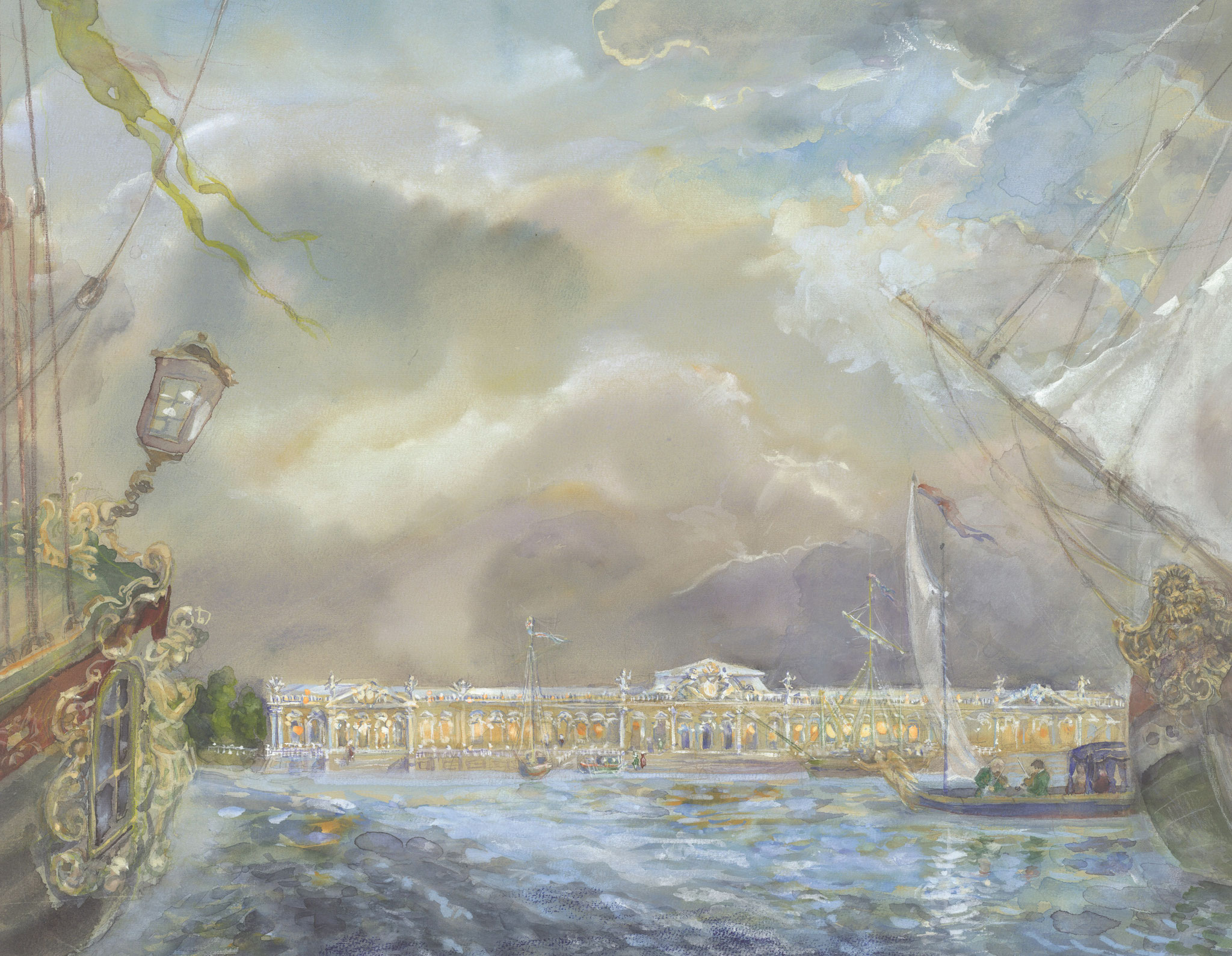 Historische Rekonstruktion des Palastes von der Zarin Anna Ioannovna im Sommergarten (Architekt. B. Rastrelli). 2012.  Getöntes Papier, Aquarell.