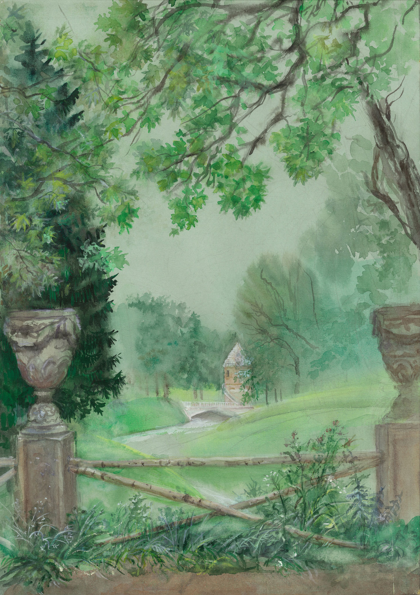 View of the Peel Tower in Pavlovsk in June. 2007.  Paper, water color.