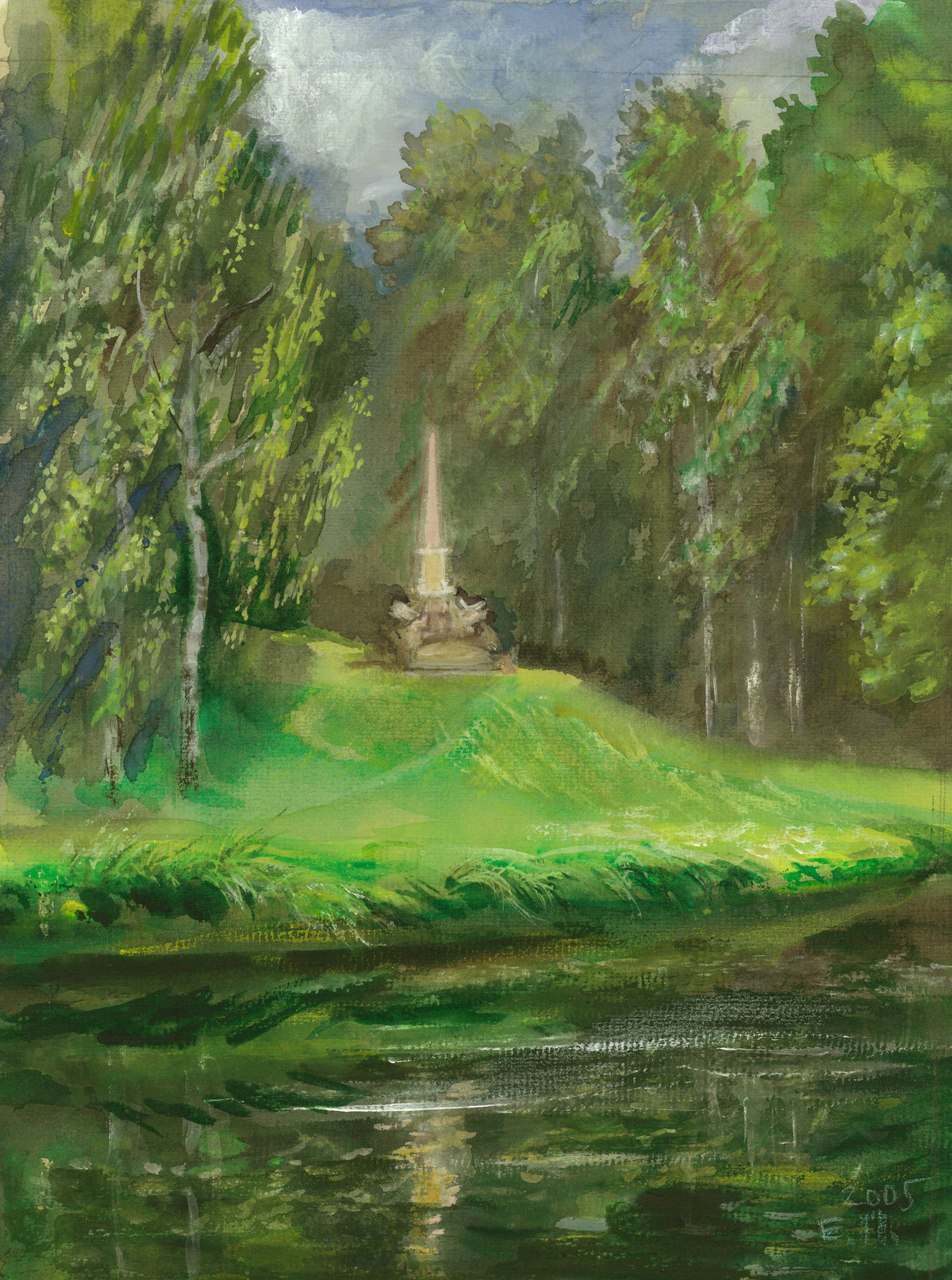 The Obelisk in honor of the founding of Pavlovsk. 2005. Paper, water color.