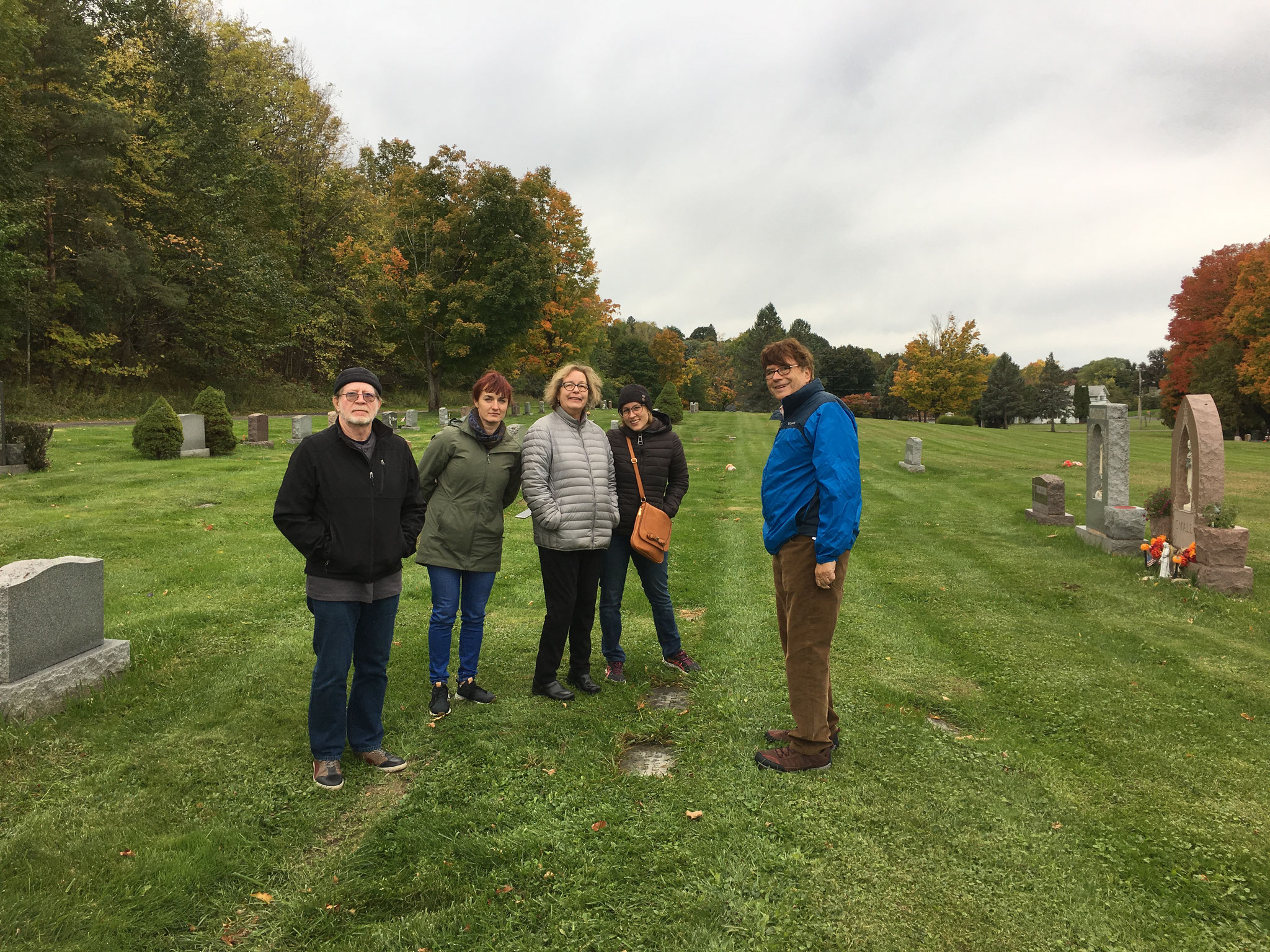 Jerry, Wendy, Jan, Emily, & John at Mayme & Stanley Baldyga's grave, St. Mary's Cemetery, DeWitt, NY Oct. 2018