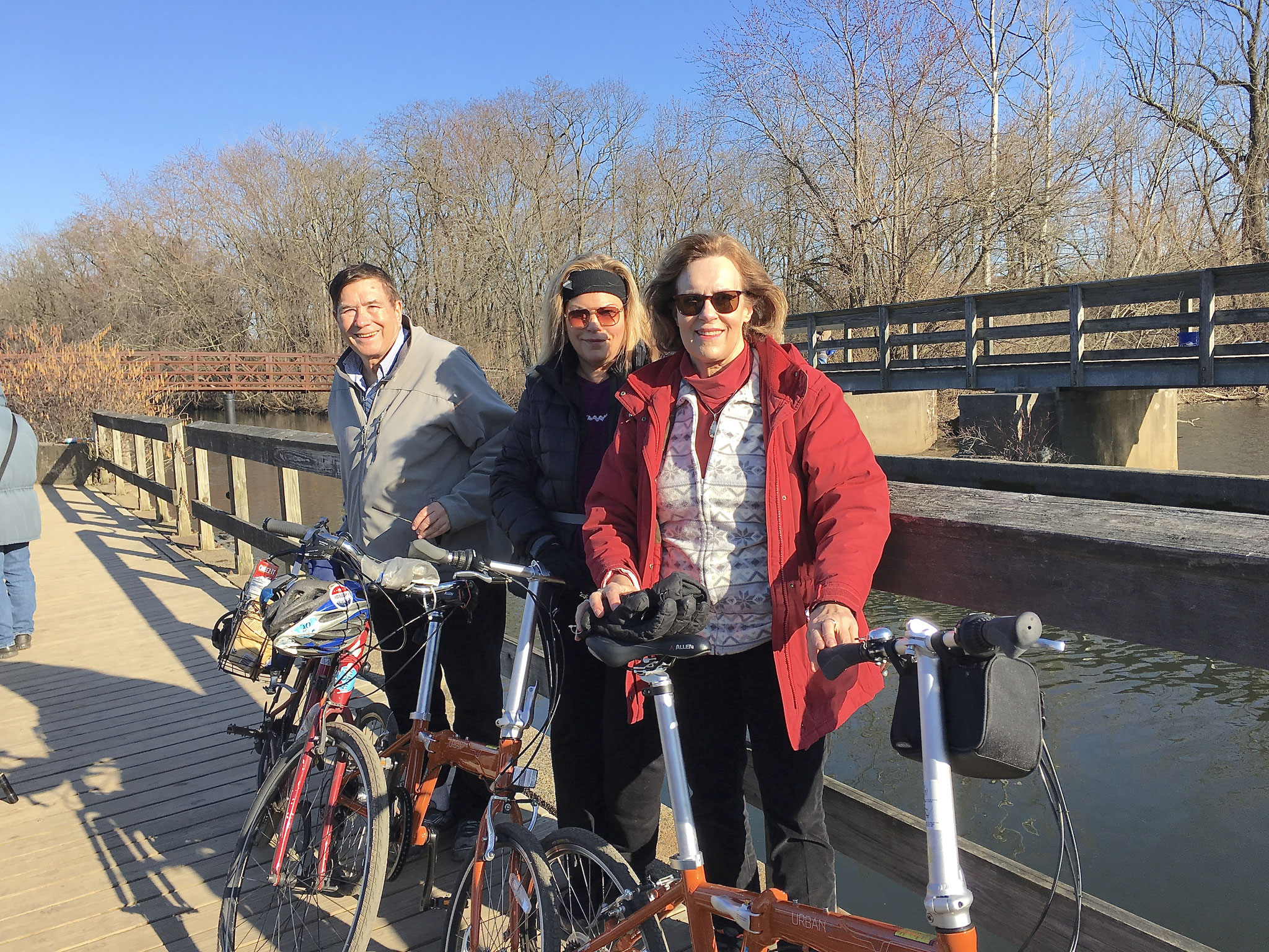 John, Celeste, Lorraine biking at Princeton, NJ Feb. 2020 (just BEFORE Covid hit)