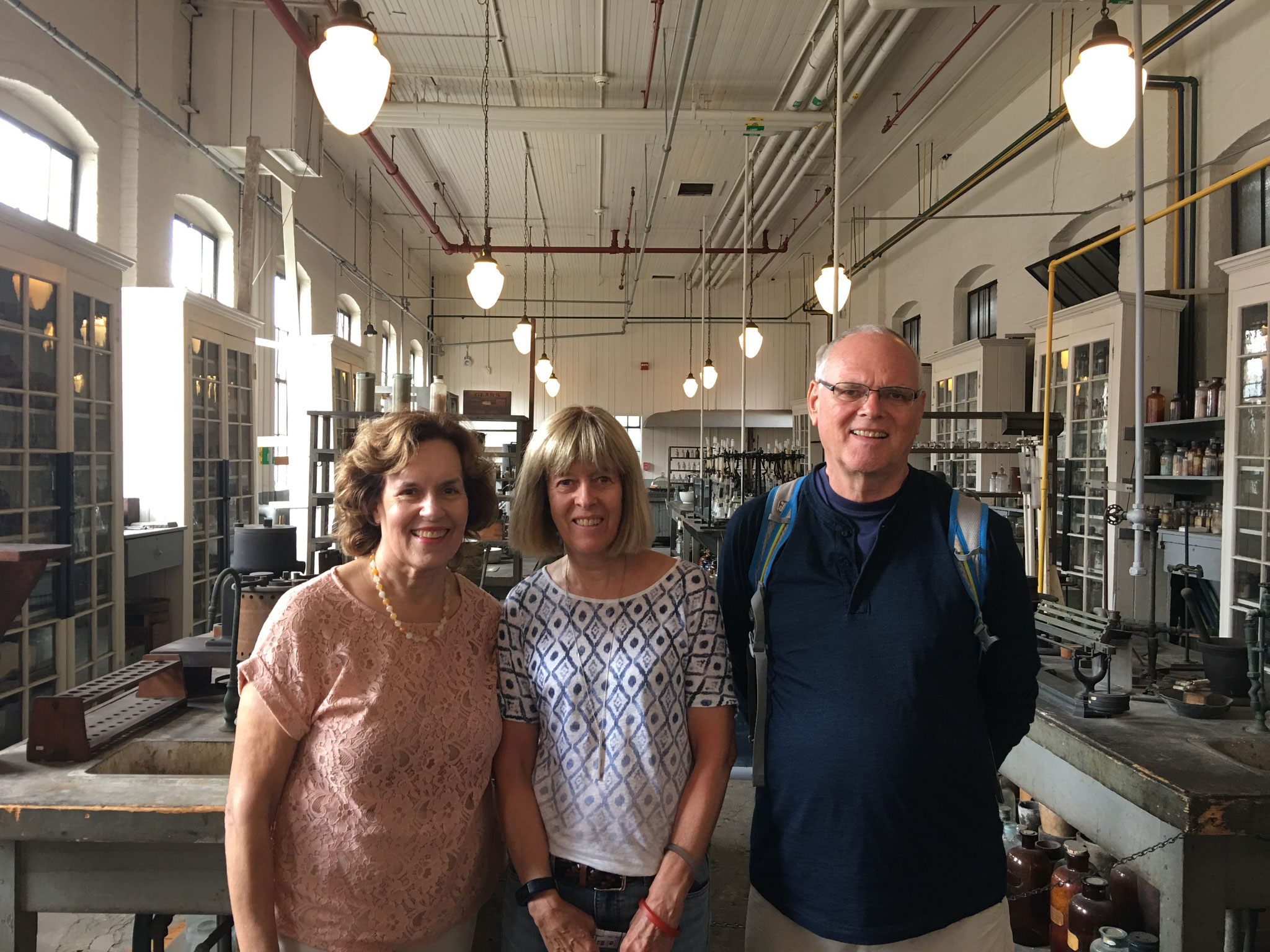 Lorraine, Nancy Hynes, & Bernd Groner in Edison's chemsitry lab, 7-29-2017