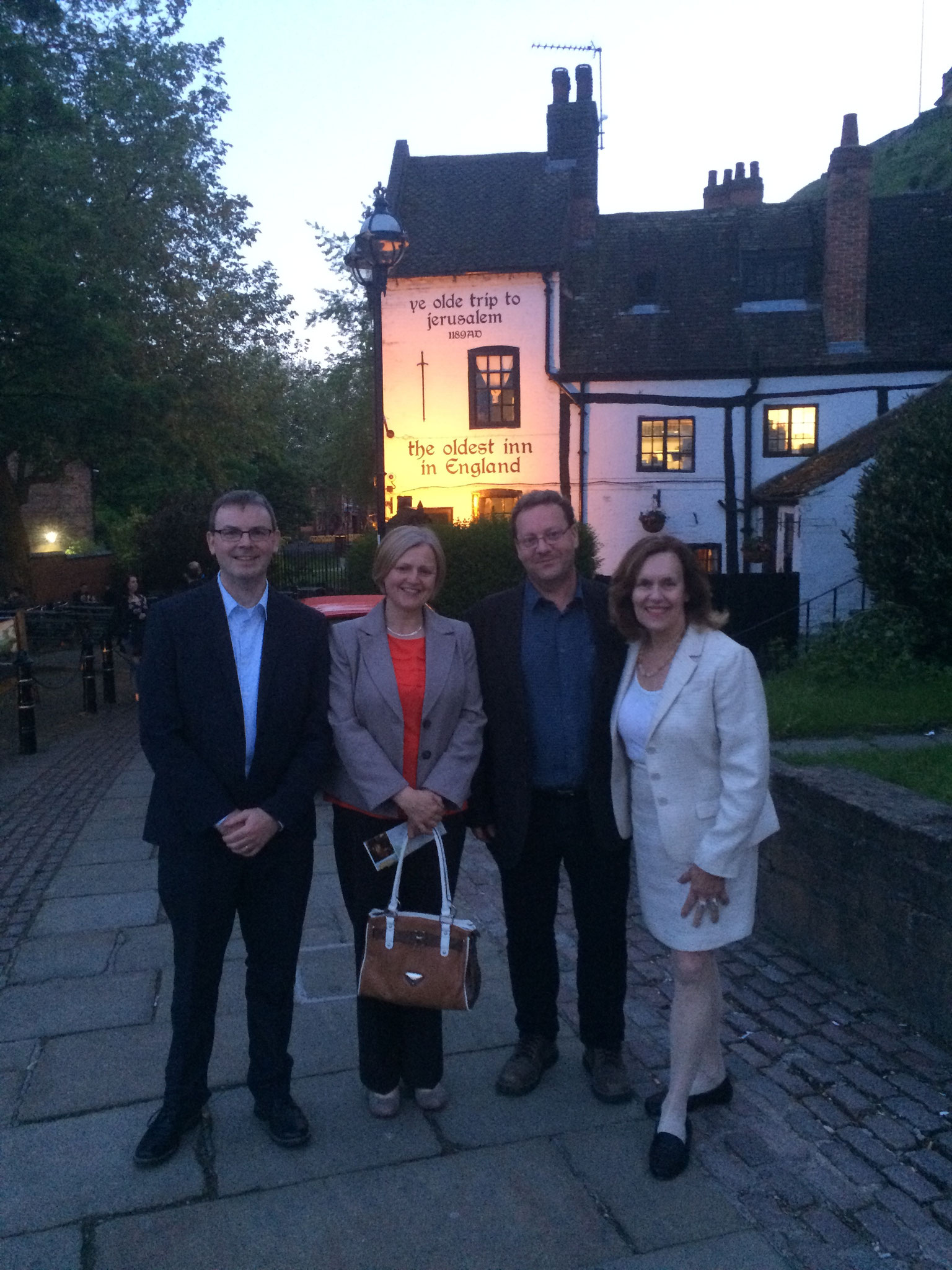 Nigel Mongan, Sharon McEnna, David Heery, Lorraine Gudas in front of the oldest tavern in England, Nottingham, England