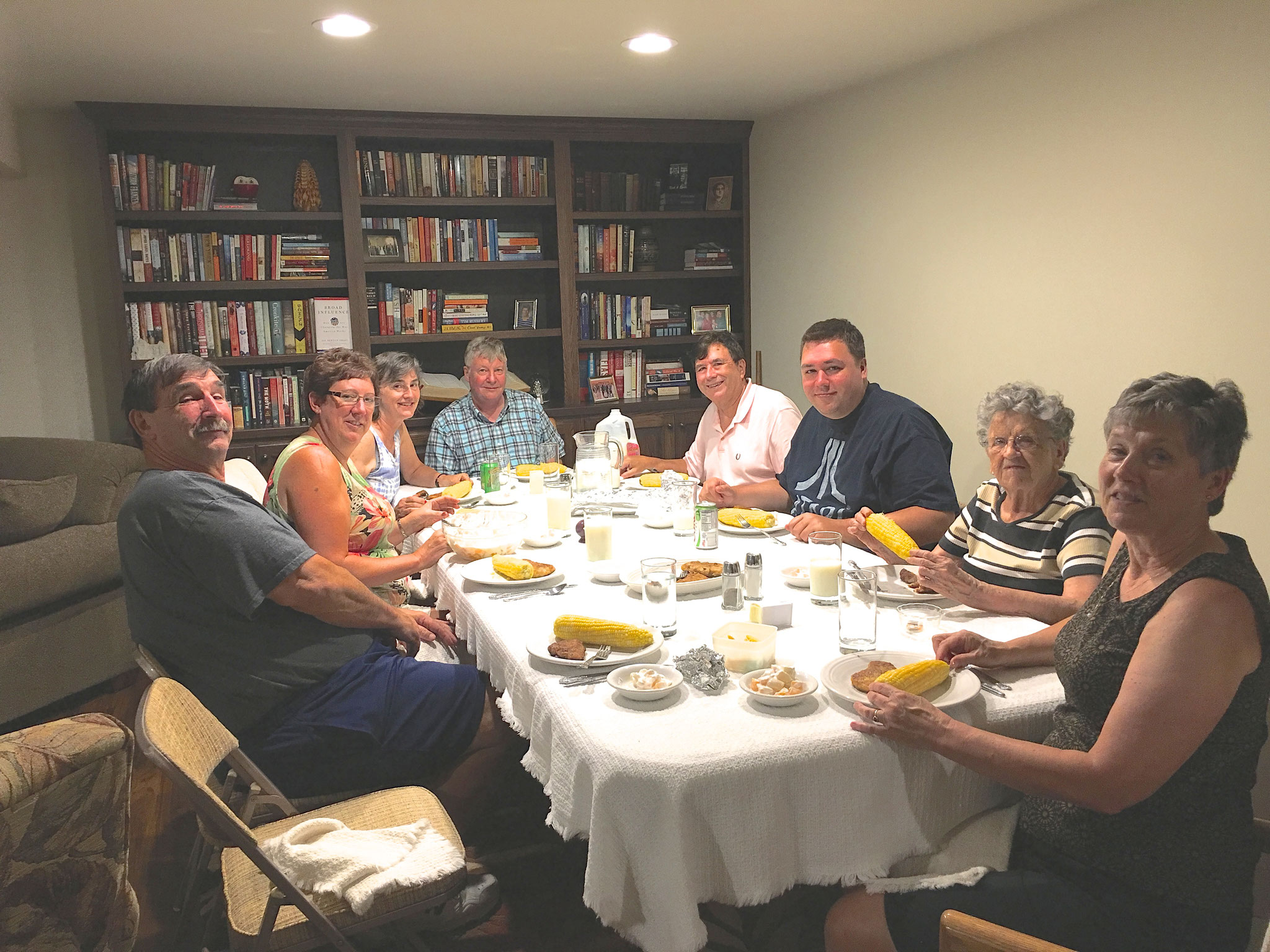 Dinner at Mary Lou and Cindy's, featuring Iowa sweet corn:  Paul, Jill, Ann, John Ackerman, John Wagner, Greg Wagner, Mary Lou and Cindy