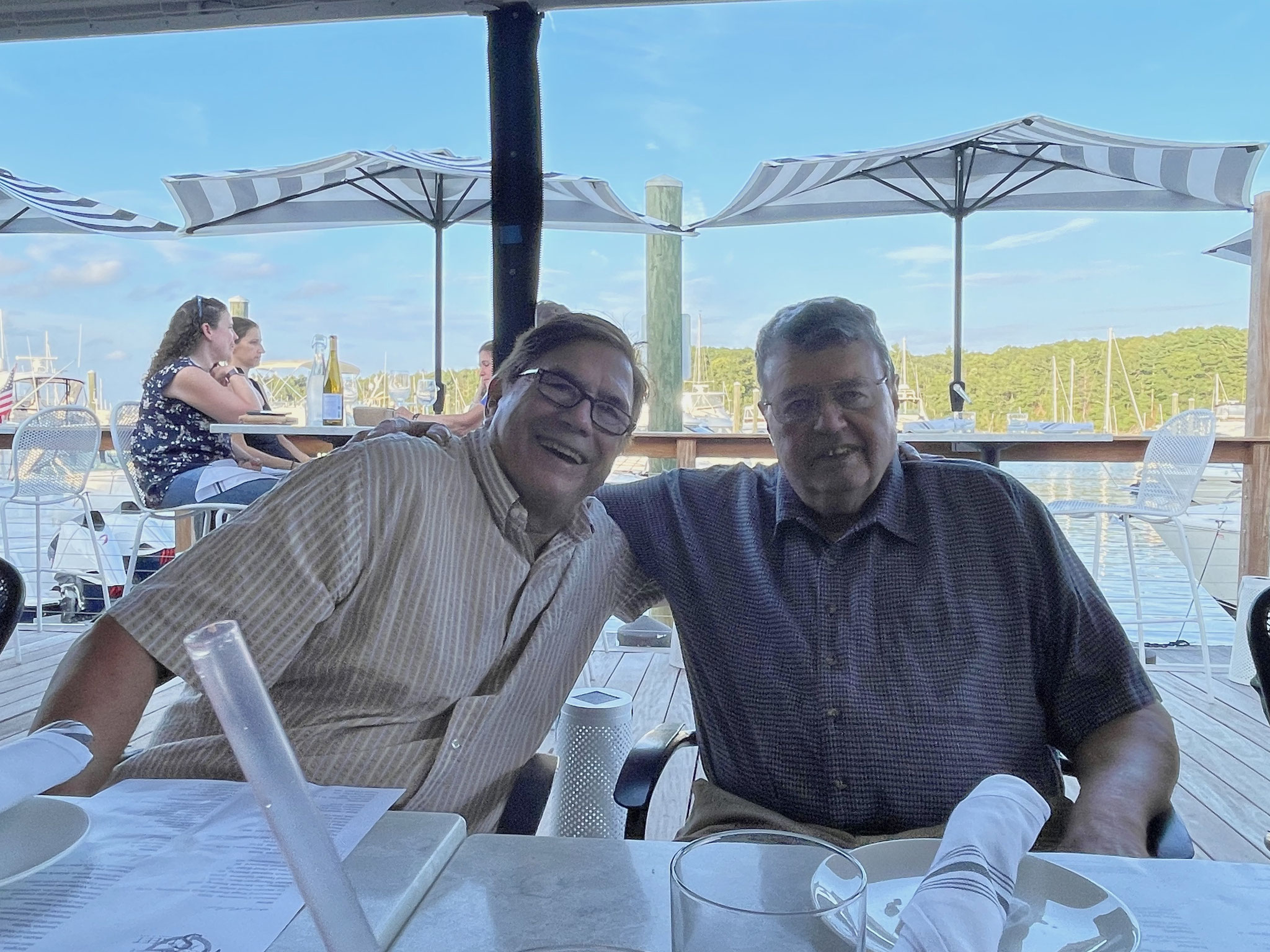 John Wagner, Bill Gudas, at Chellos Restaurant, Aug. 2021