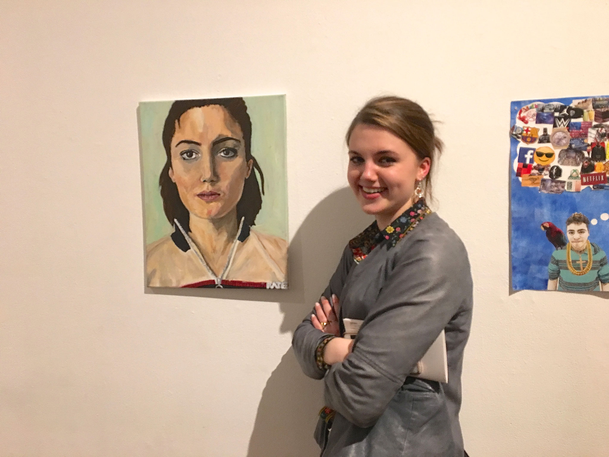 Kate with her artwork at a gallery in NYC, 4-27-18