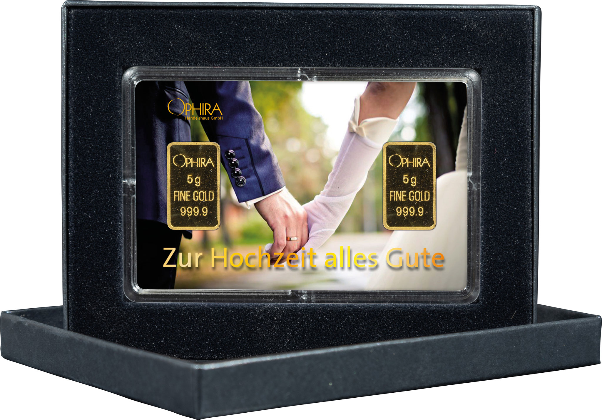 Geschenkbarren Hochzeit mit zwei Goldbarren in edlem Etui