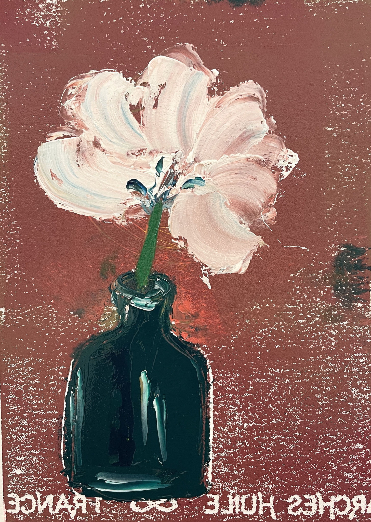 VERKAUFT © Beate Schaefer, White Flower in Dark Glass Vessel, 2023, Monotype and Overpainting, 15 x 21 cm