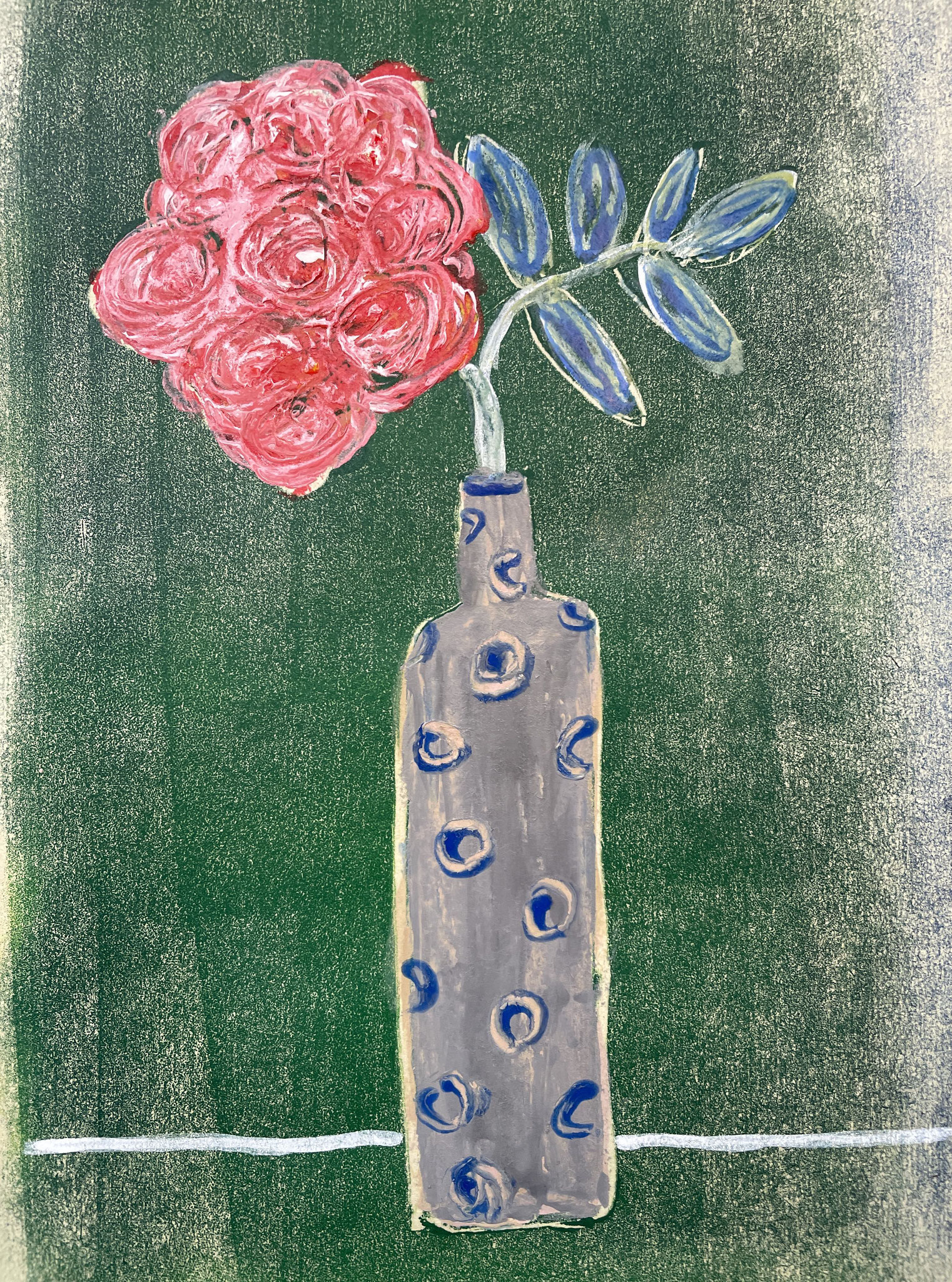 VERKAUFt © Beate Schaefer, Pink Rose in Spotted Vessel, 2023, Monotype and Overpainting, 18 x 28 cm