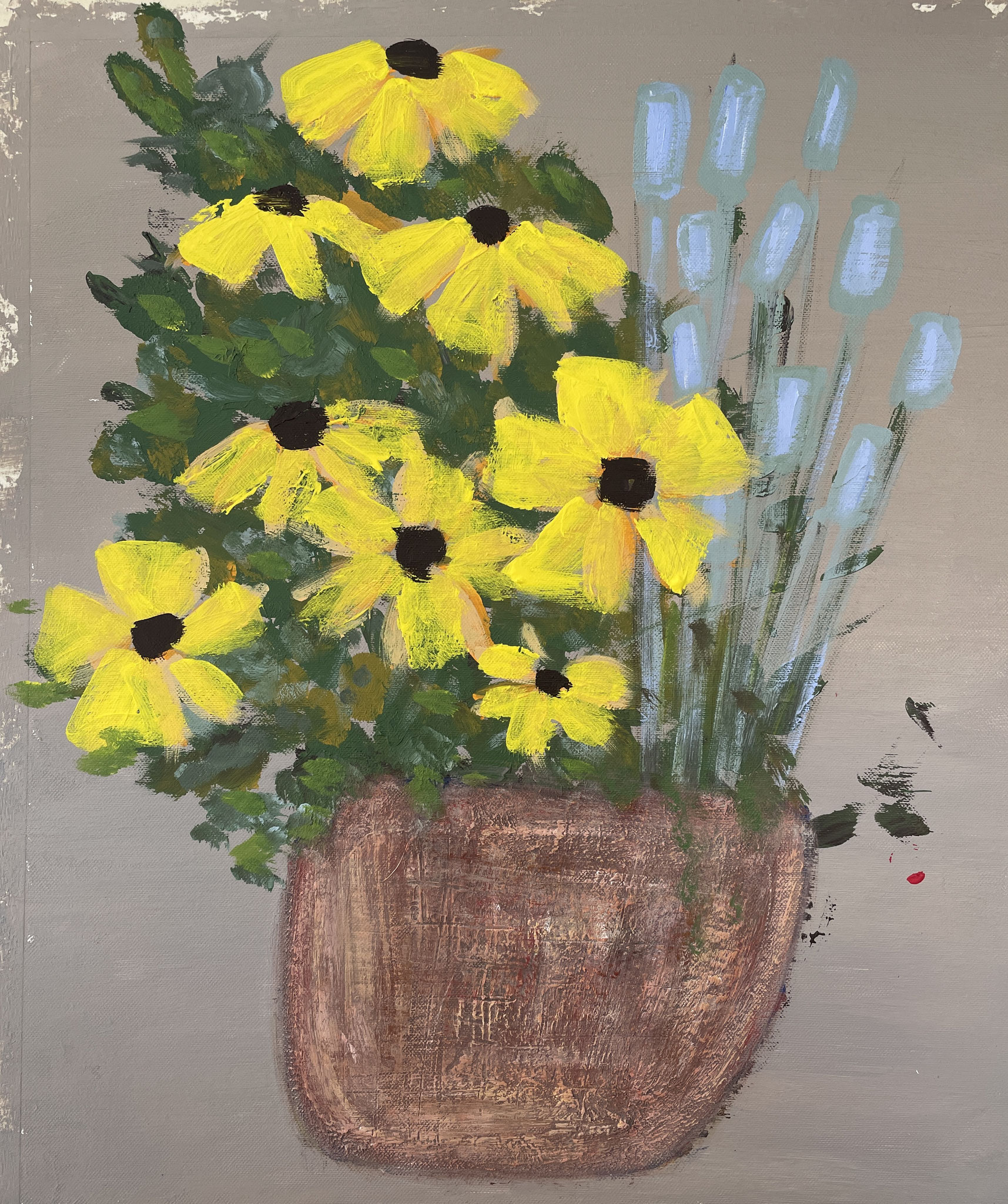 © Beate Schaefer, Sonnenhut und Lavendel, 2023, Acryl a. Lw., ca. 42 x 50 cm