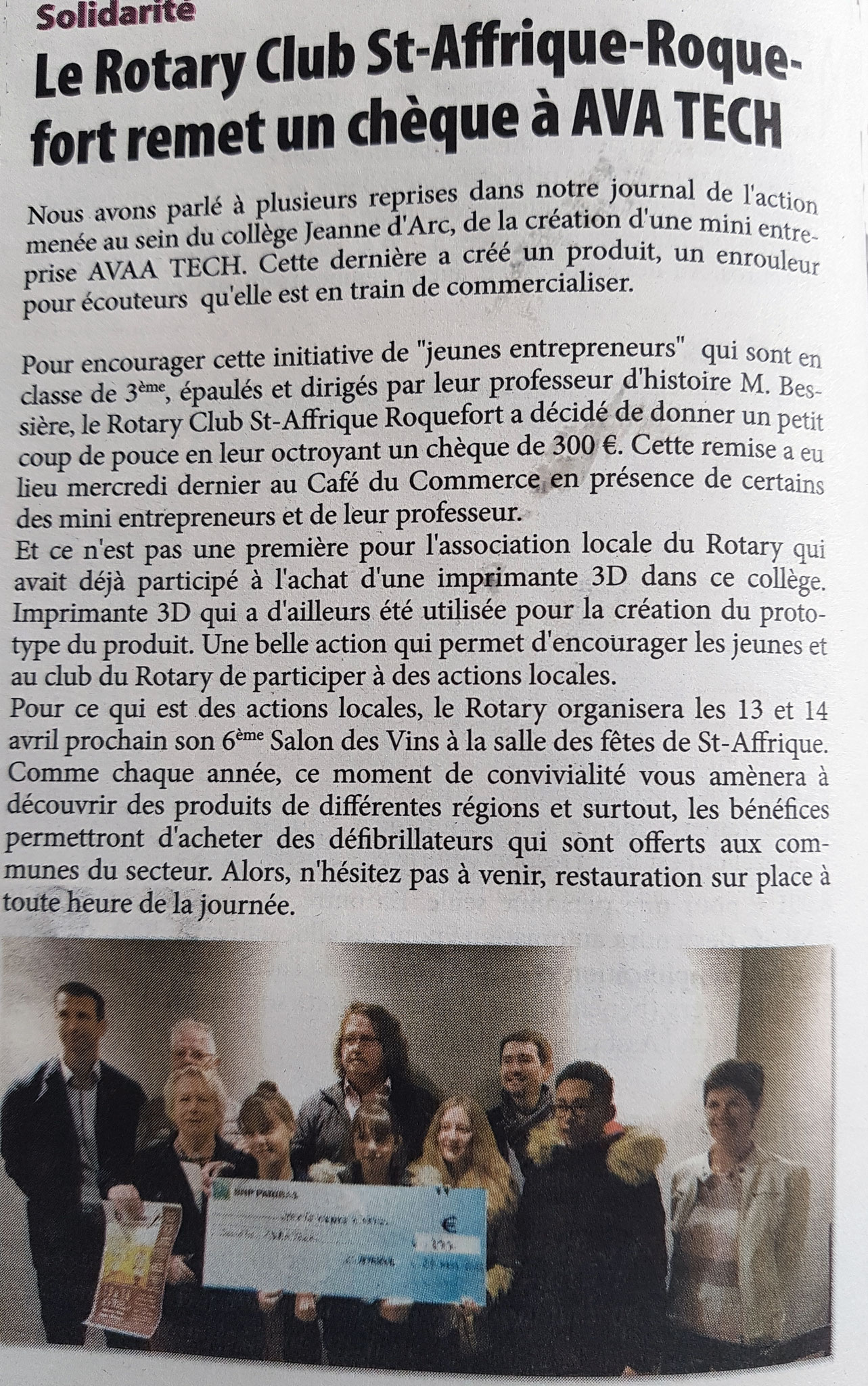 Article Saint-Affricain : Le Rotary remet un chèque à Avaa Tech