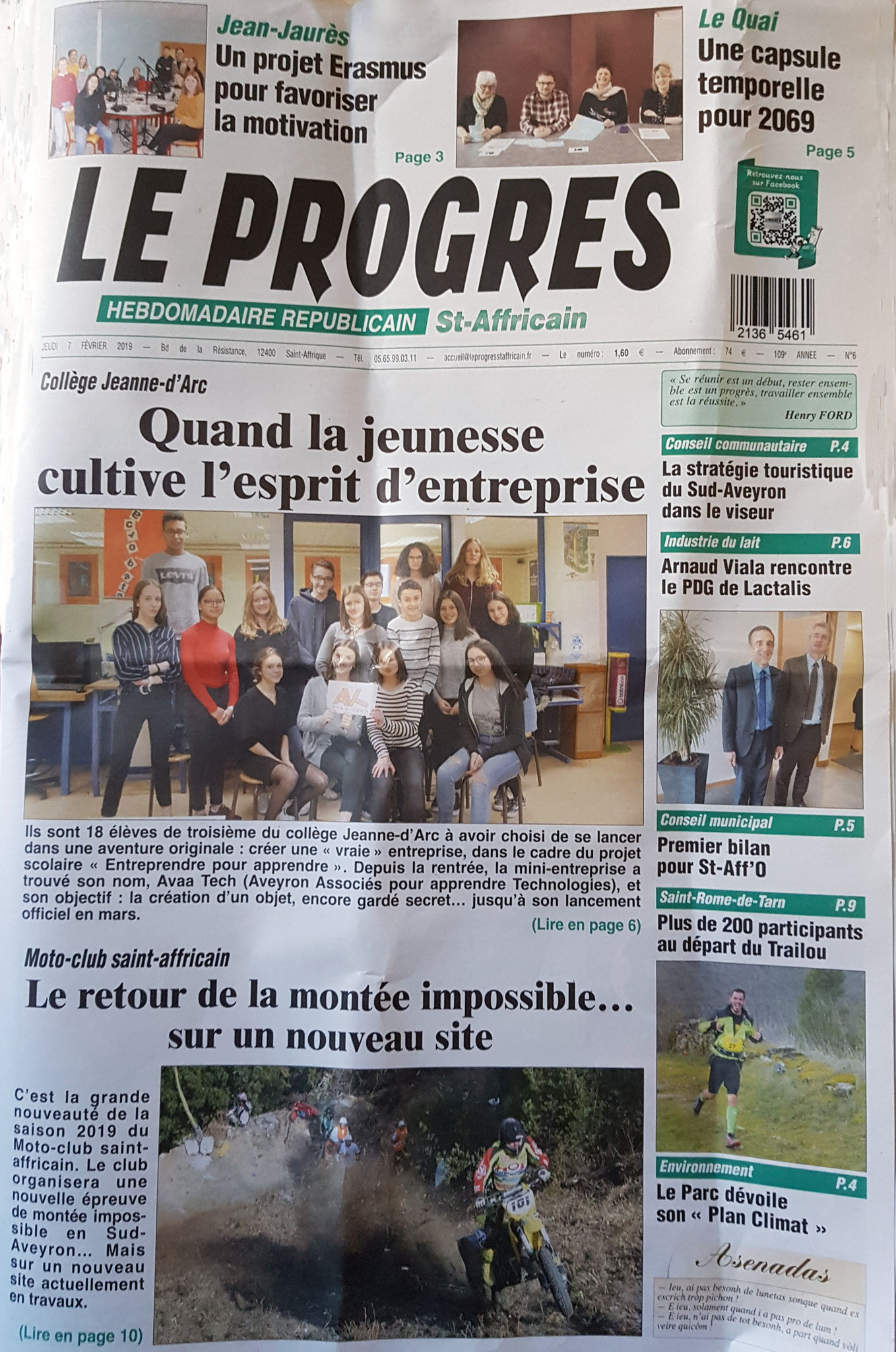 Article Progrès :  "Quand la jeunesse cultive l'esprit d'entreprise". Page 1