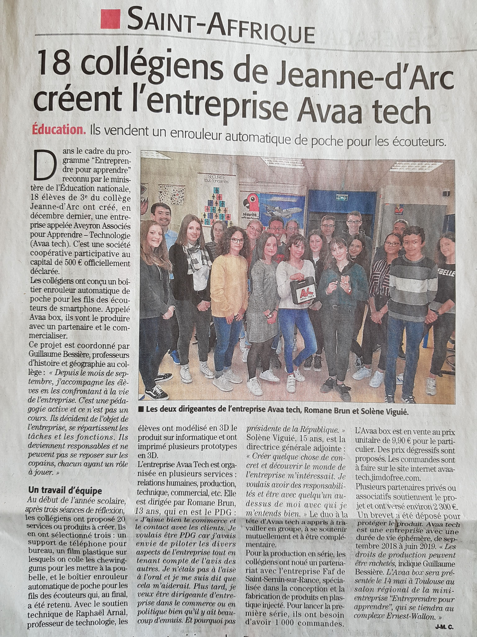 Article Midi-Libre : 18 collégiens de Jeanne d'Arc créent l'entreprise Avaa Tech