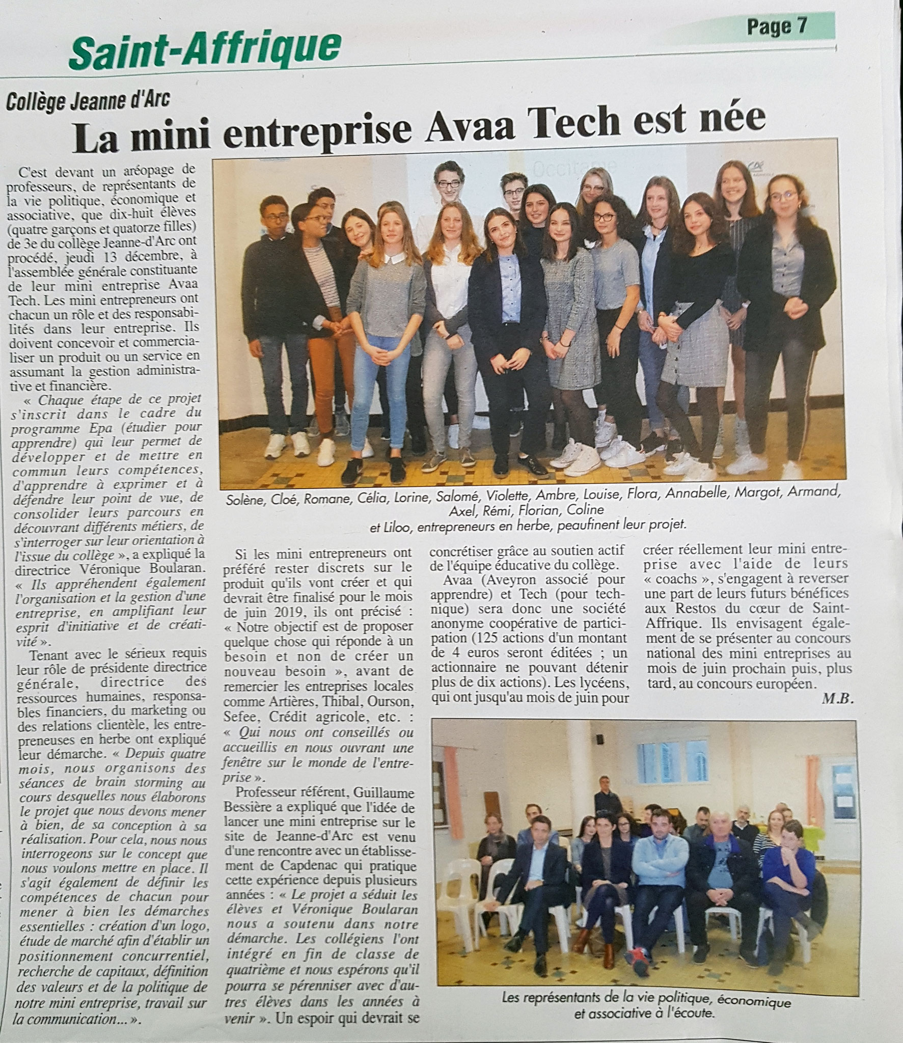 Article Progrès : "La mini-entreprise Avaa Tech est née"