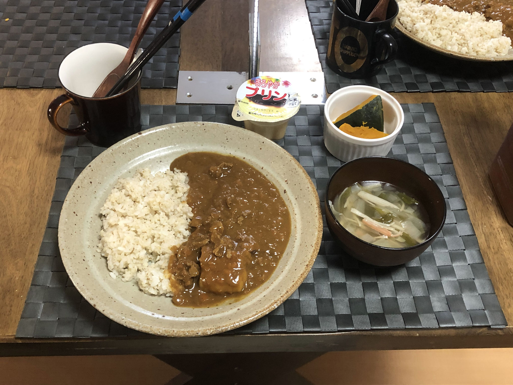 3月5日金曜日、Ohana朝食「カレーライス、かぼちゃの煮物、オニオンスープ、プリン」