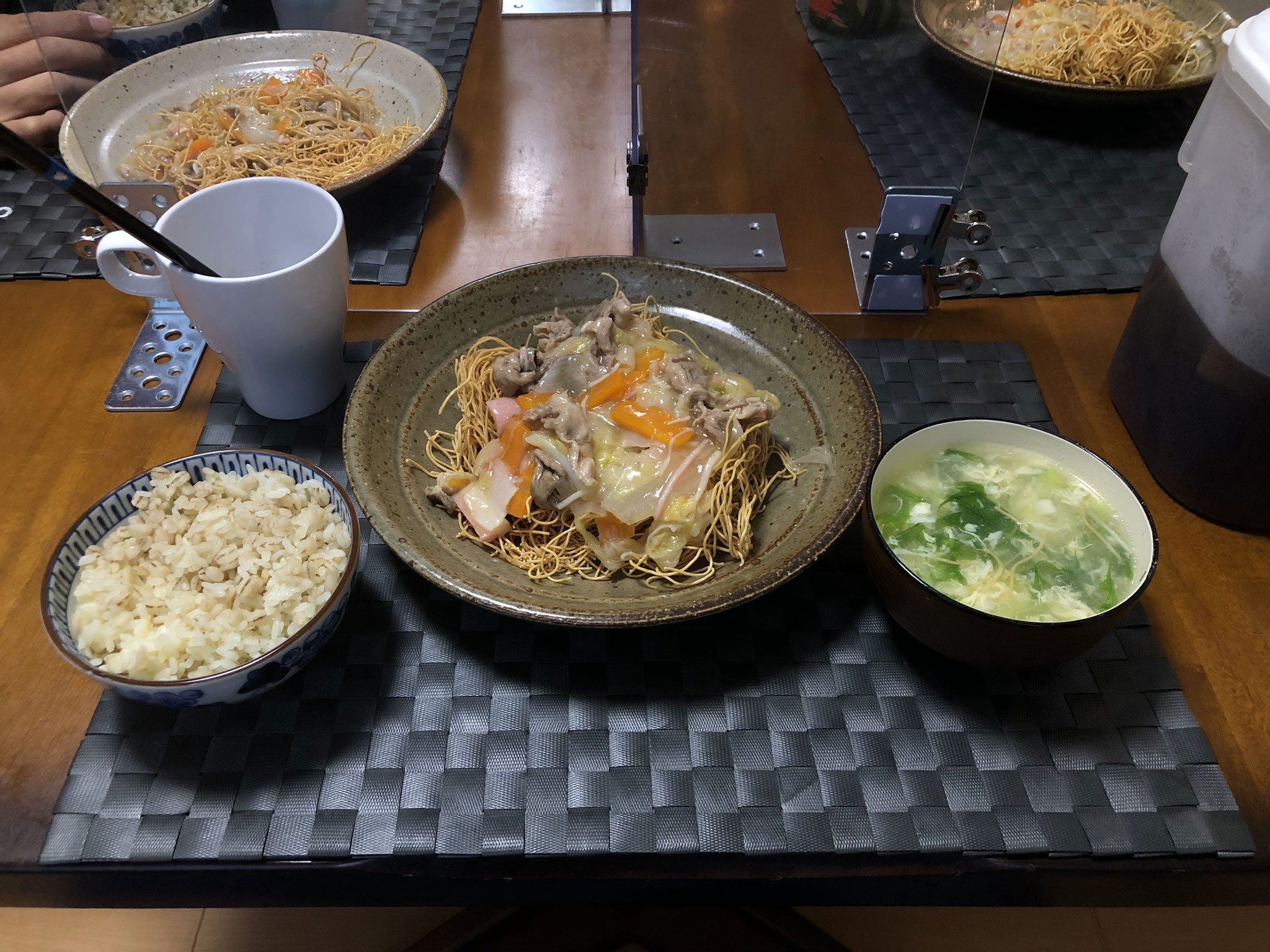 6月25日木曜日、Ohana夕食「皿うどん、たまごスープ（ねぎ、水菜）」