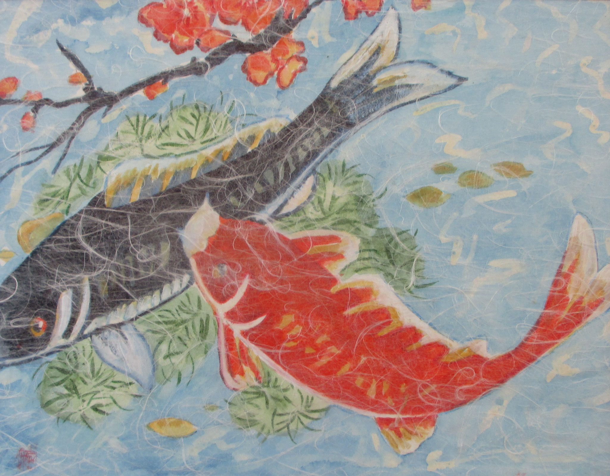 Koi, watercolor, Washi paper overlay, 20 x 16, matted SOLD