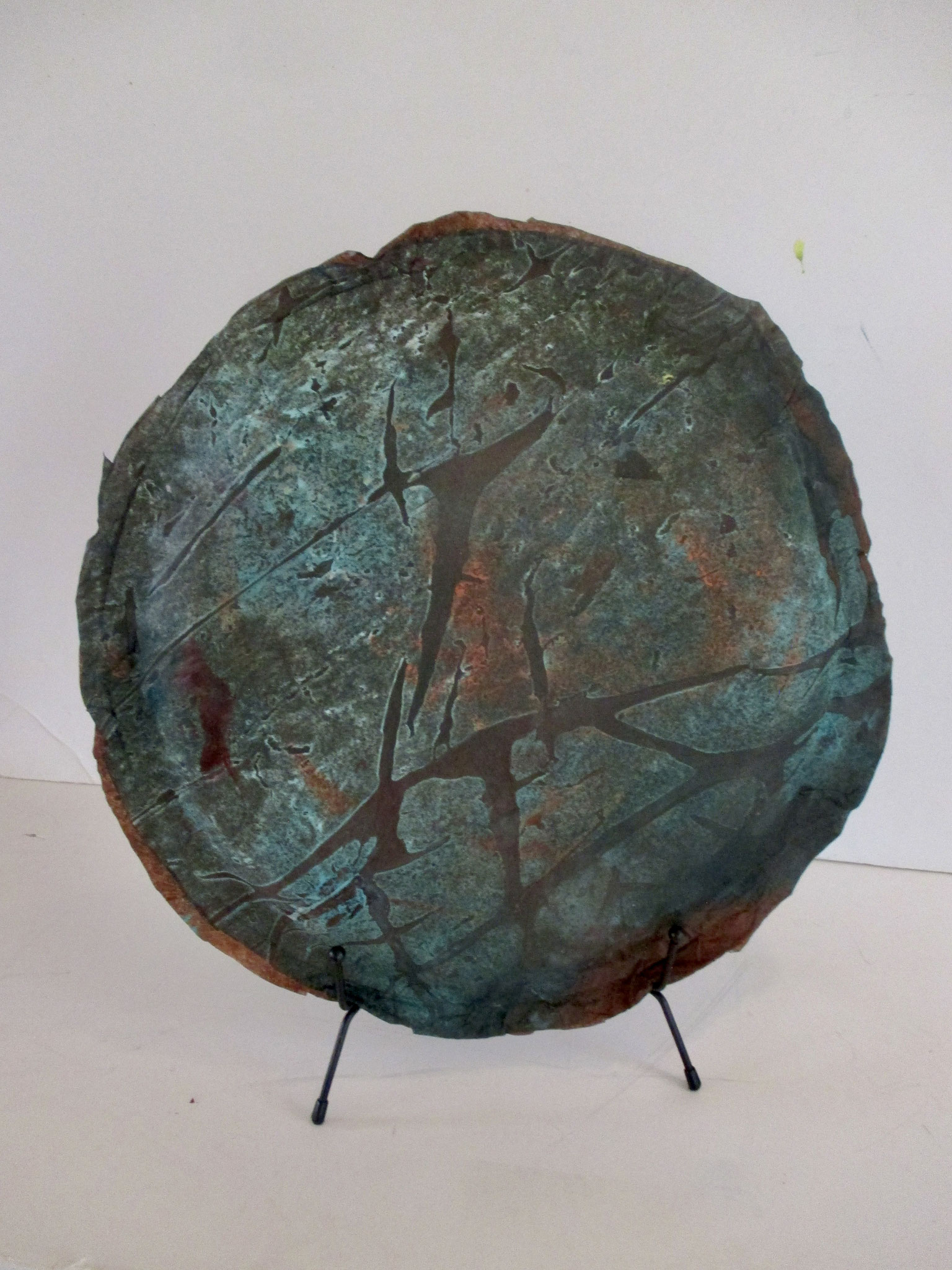 Chalchiuhtlicue (chawl-chee-oo-tlee-koo-eh) 3 dimensional sculpture of cast paper and bamboo on metal stand, 13 x 13 x 2 inches SOLD