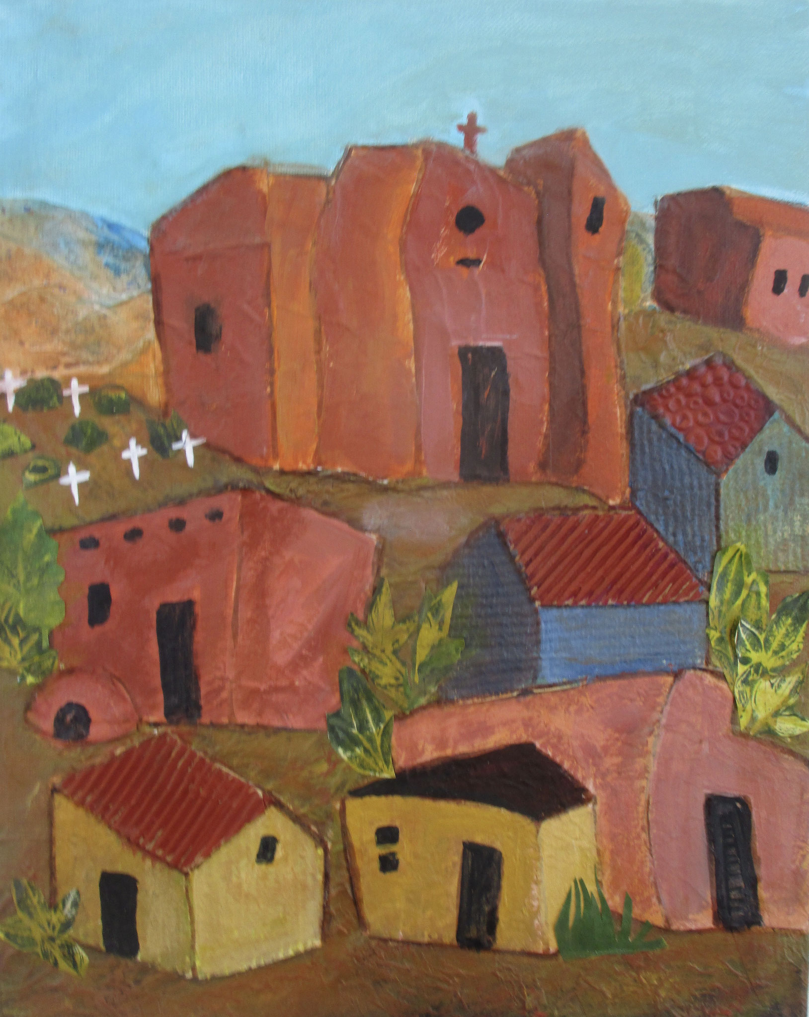 Pueblo Village, mixed media, 14 x 11