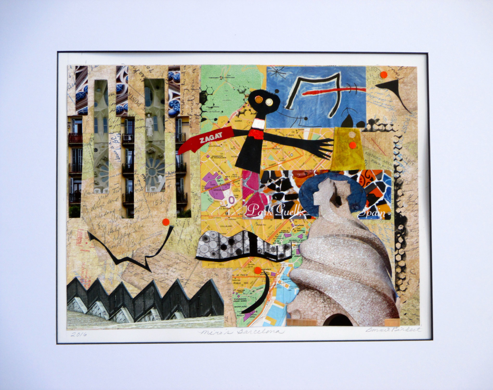 Miro's Barcelona, collage on paper, 20 x 16, matted, 2016