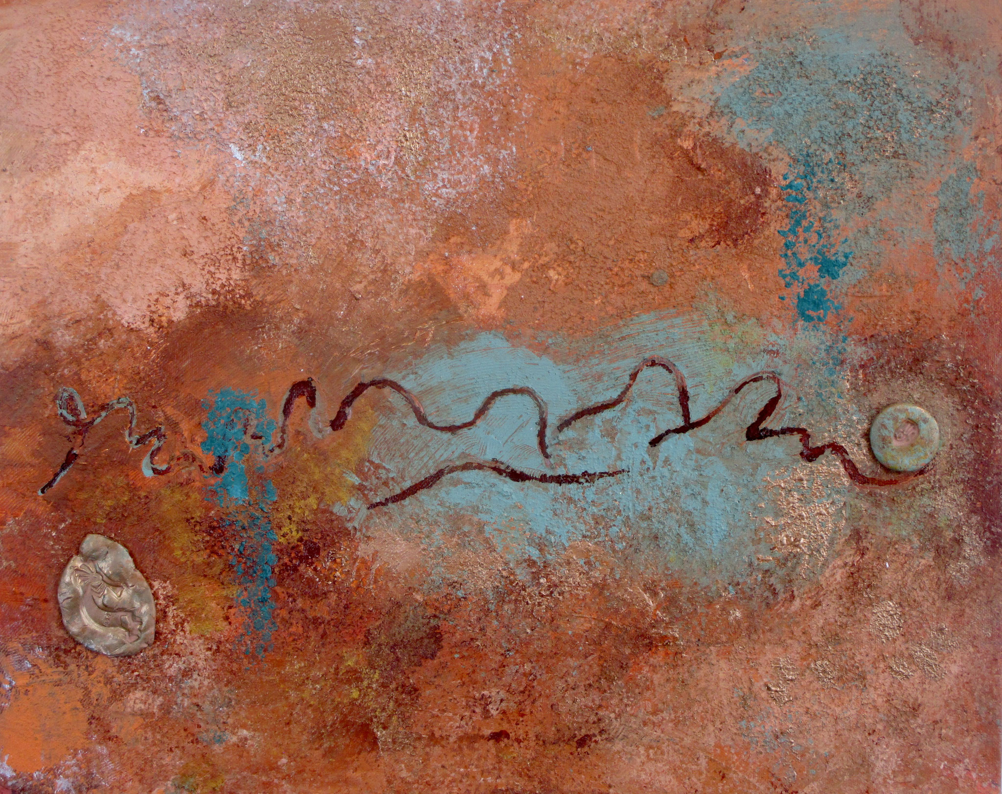 Kokopelli Rock, acrylic, clay on canvas, 20 x 16 SOLD