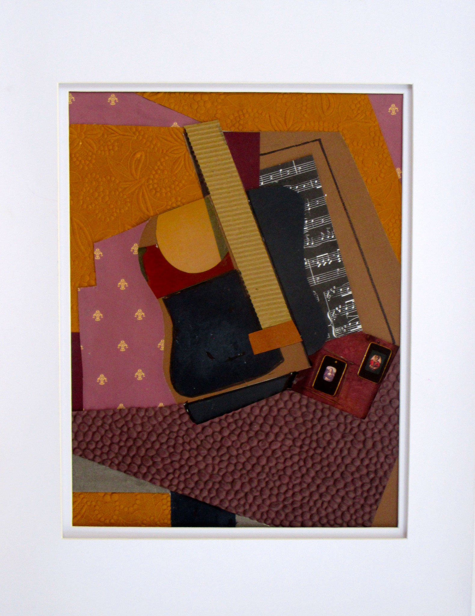 Still Life with Guitar, collage on paper, 14 x 18, 2017