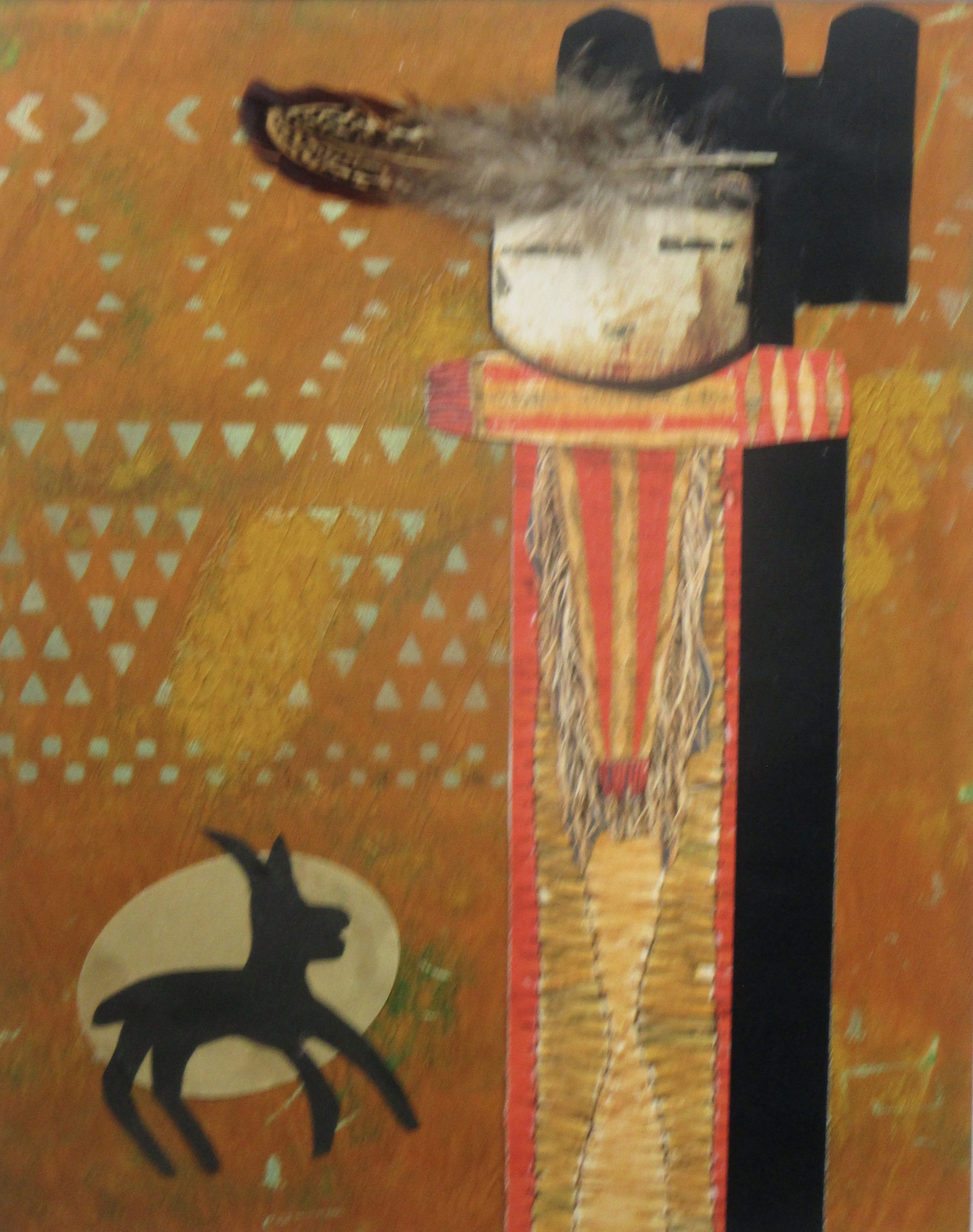 Talavai (Morning Singer) Acrylic, collage, feather on paper, 11 x 14 matted SOLD