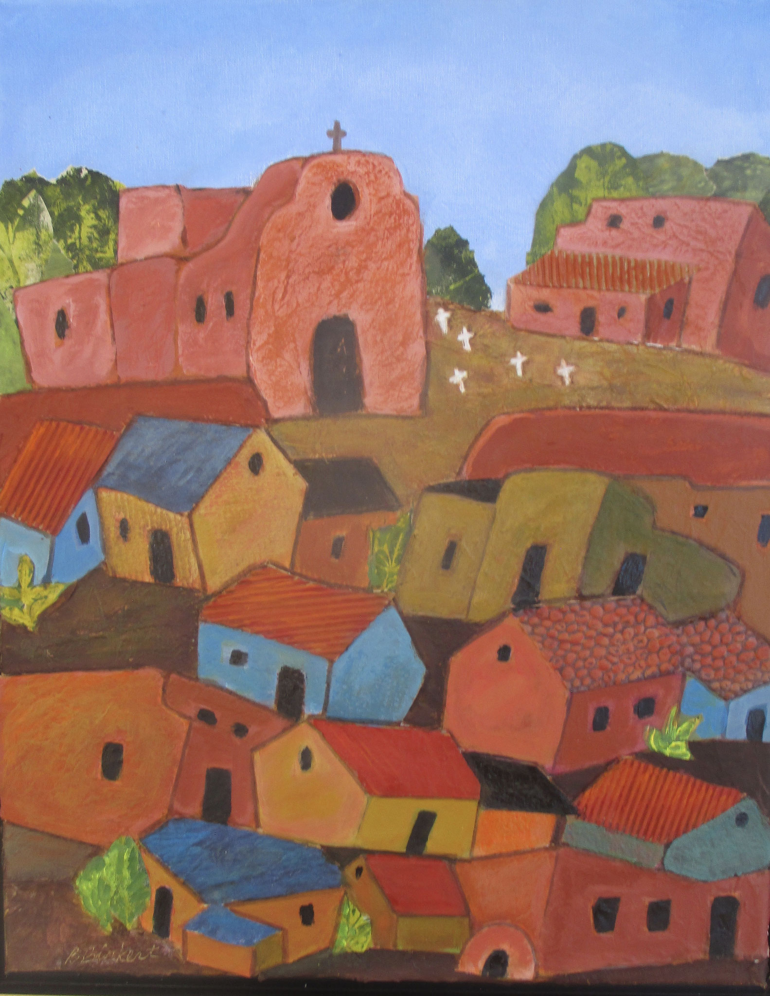 Pueblo Village, mixed media, 20x16