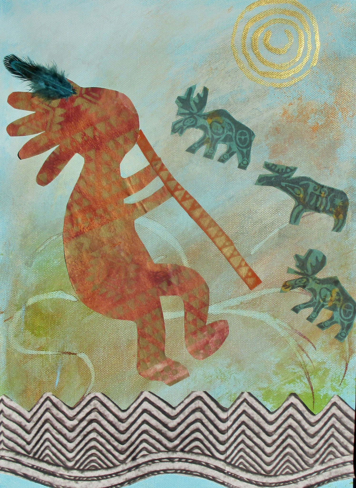Kokopelli, mixed media, 16x12