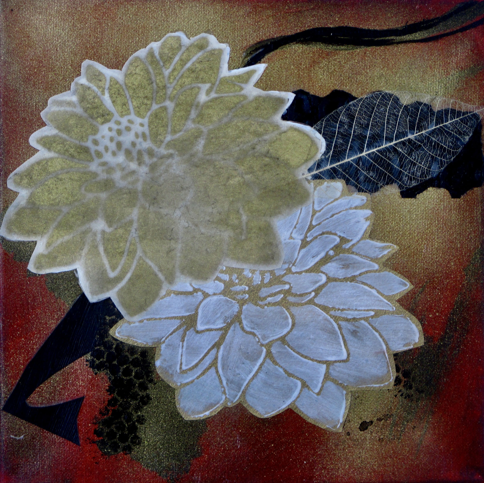 Dahlia II, watercolor, collage on canvas, 10 x 10 SOLD