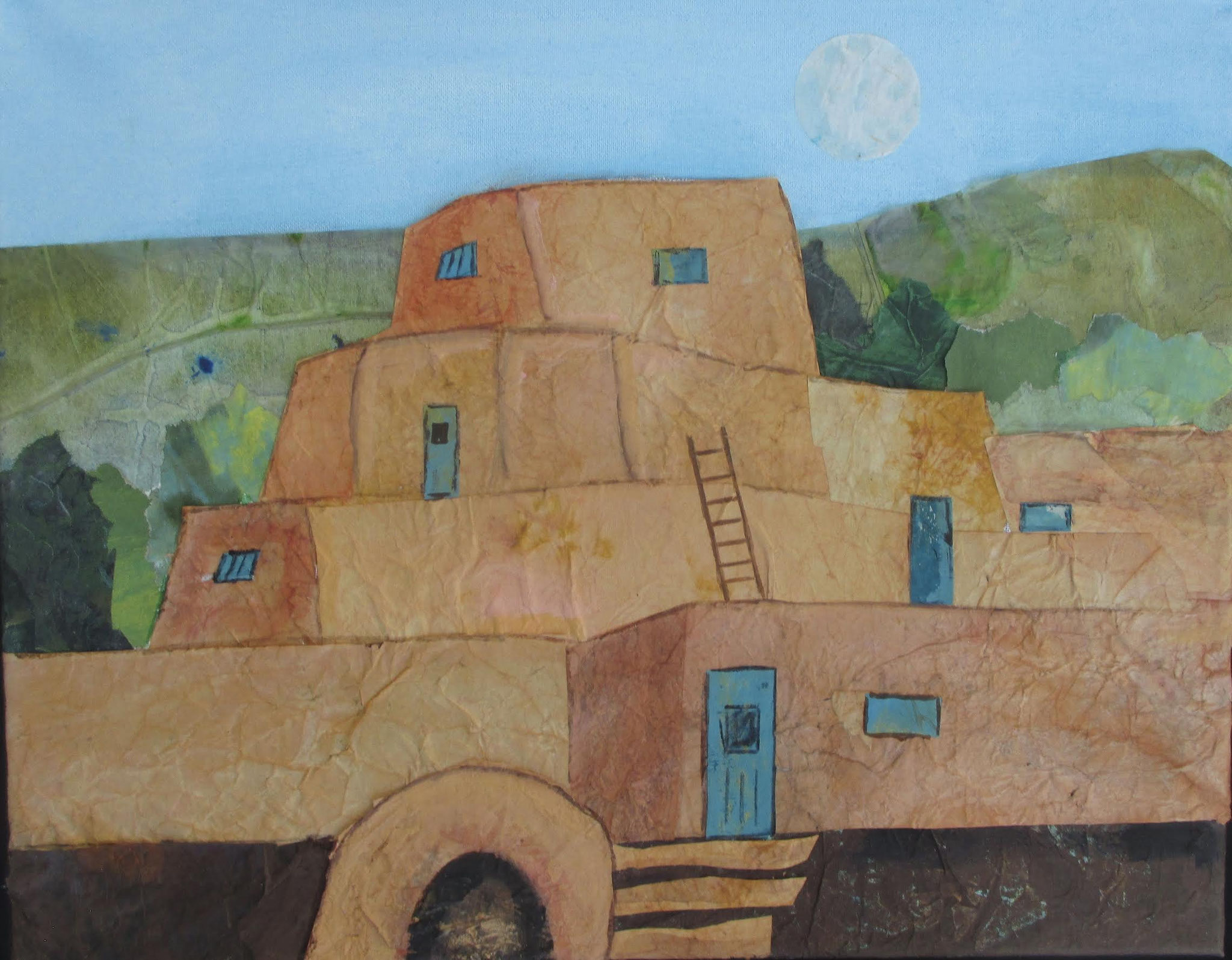 Pale Moon Over Pueblo, mixed media, 16x20