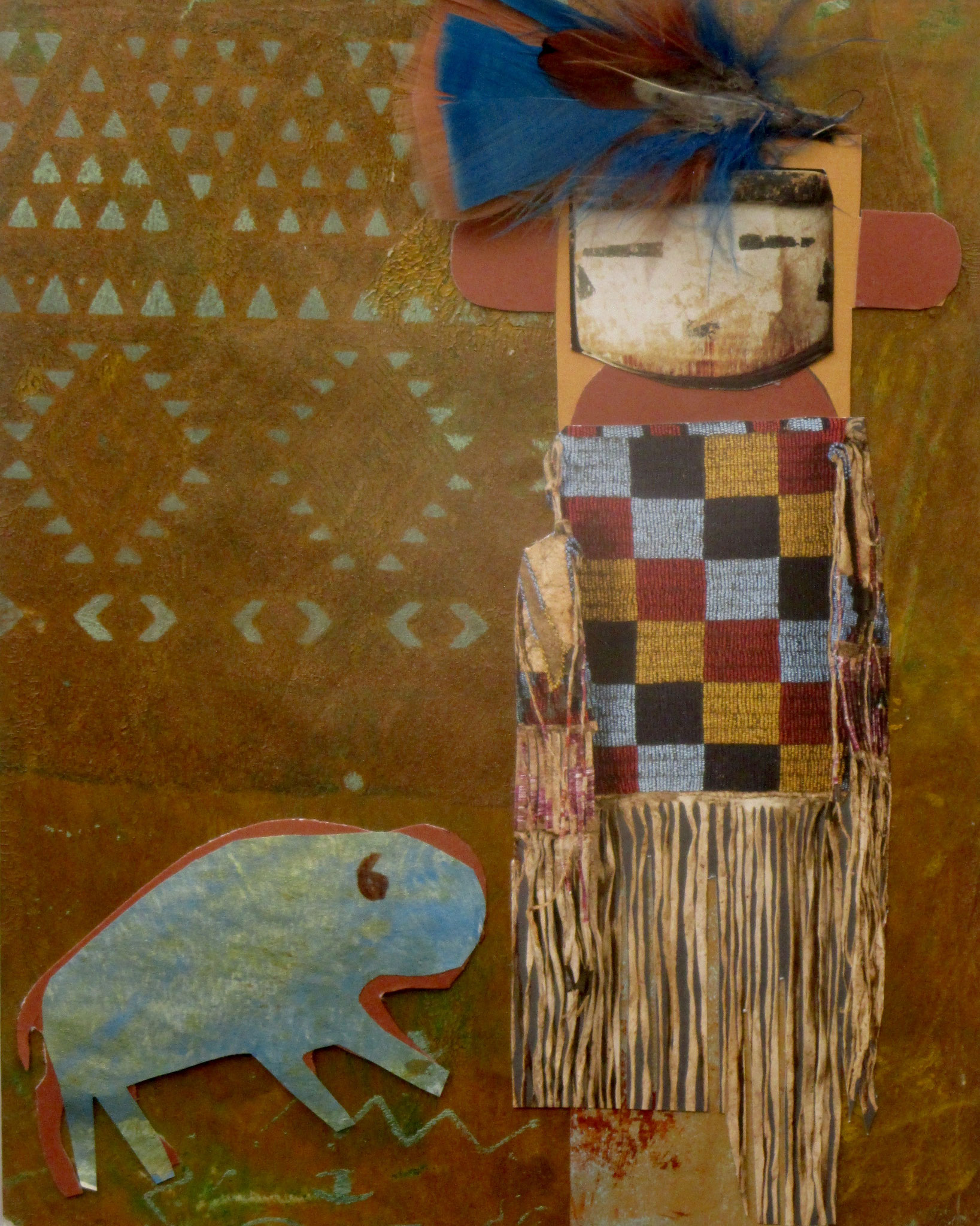 Ptesanwin (Buffalo Maiden) Acrylic, collage, feather on paper, 11 x 14 matted SOLD