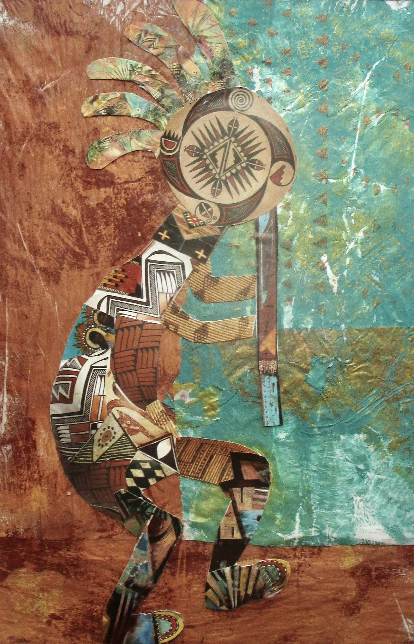 Kokopelli, Acrylic, collage on paper, 12 x 16 matted SOLD