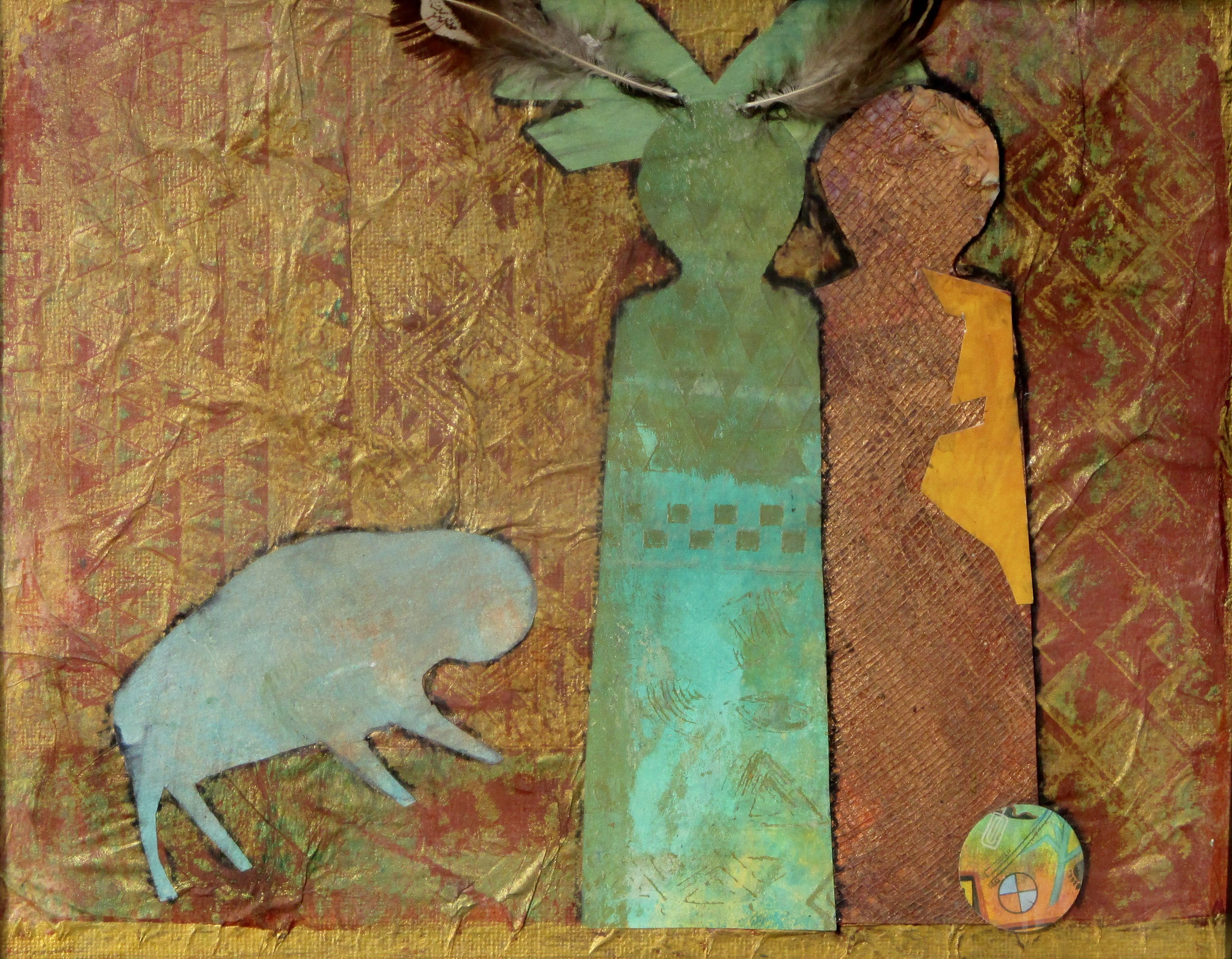 Ptesanwin (Buffalo Maiden), acrylic, collage on canvas, 10 x 8 SOLD