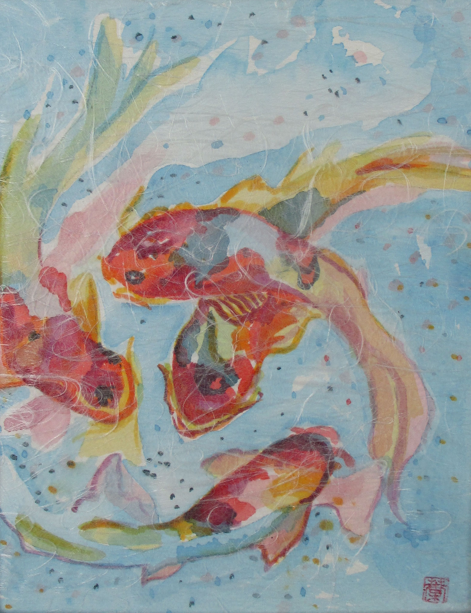 Koi, watercolor, Washi paper overlay, 11 x 14, matted SOLD