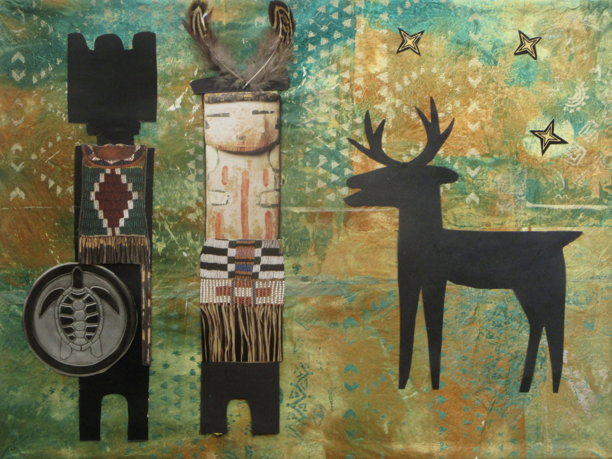 Kahaila Mana (Turtle Maiden) Acrylic, collage, feathers on canvas, 16 x 12 SOLD