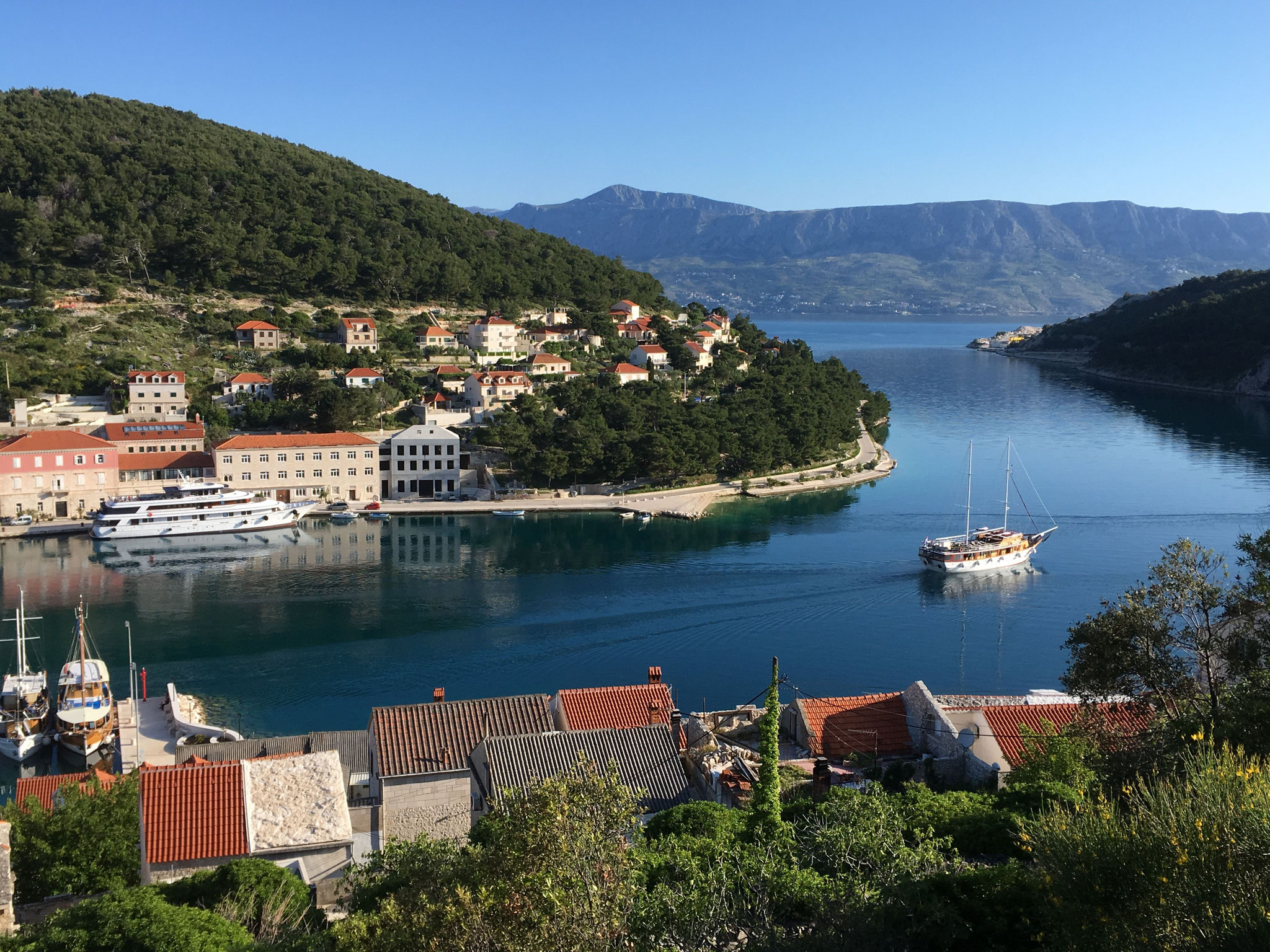 Klesarska Škola Brač at the harbour of Pučišća, giving to the Brač Channel in the Adriatic