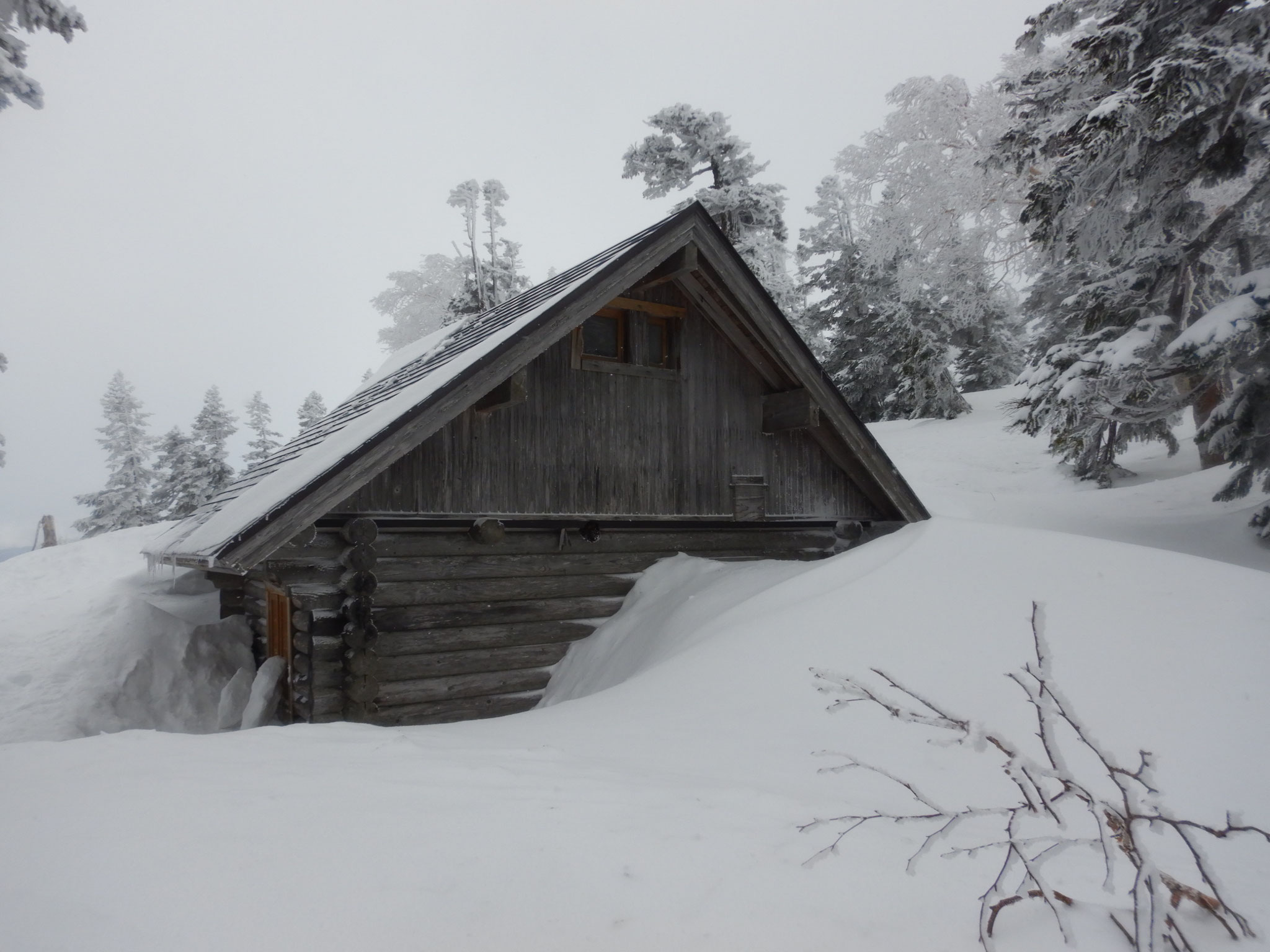 避難小屋。例年より相当積雪が少ないのだろう。