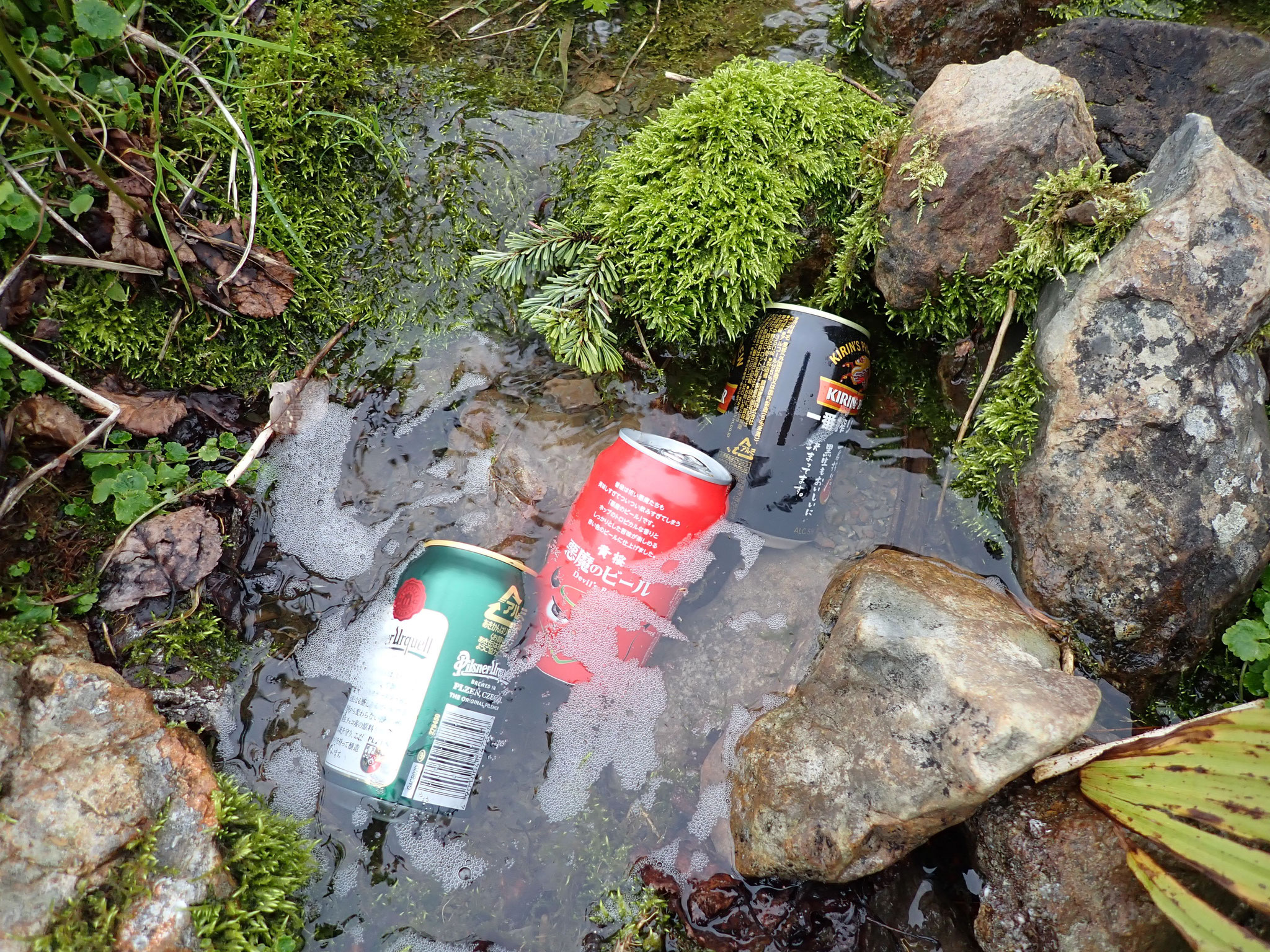 小屋での乾杯に備え、運び上げたビールを冷やす